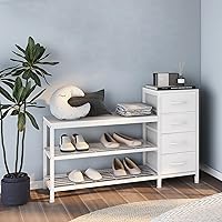 Vista 8 de EXOTICA 3-Tier Shoe Storage Bench White Entryway Shoe Rack with 4 Drawers and Seating Shoe Shelf Storage Cabinet for Hallway Front Door Doorway
