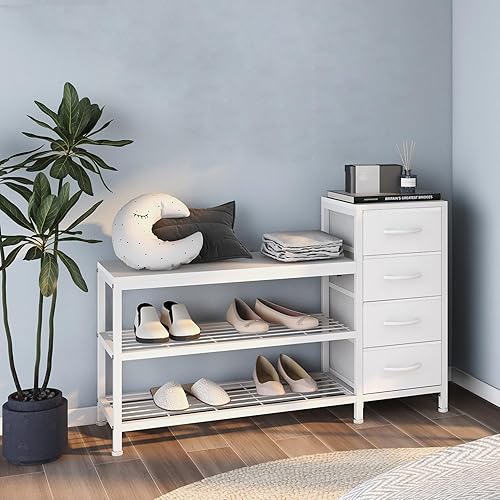 Miniatura 8 de EXOTICA Banco de almacenamiento de zapatos de 3 niveles blanco con 4 cajones y estante para zapatos, armario de almacenamiento para pasillo, puerta