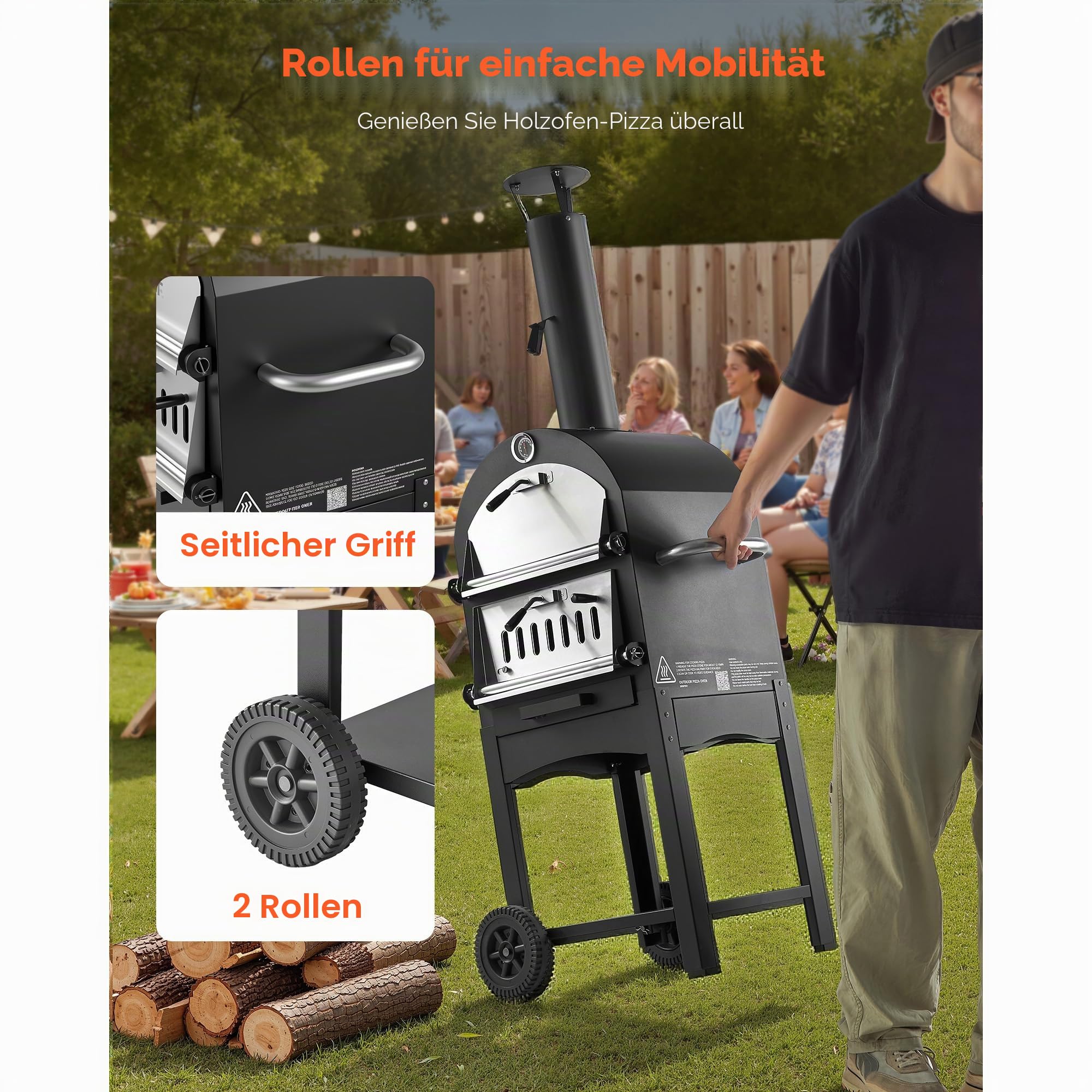 VEVOR Pizzaofen 12 Zoll Pelletöfen, 2-lagiger Holzfeuerung Outdoor mit 2 Rädern, 540 °C