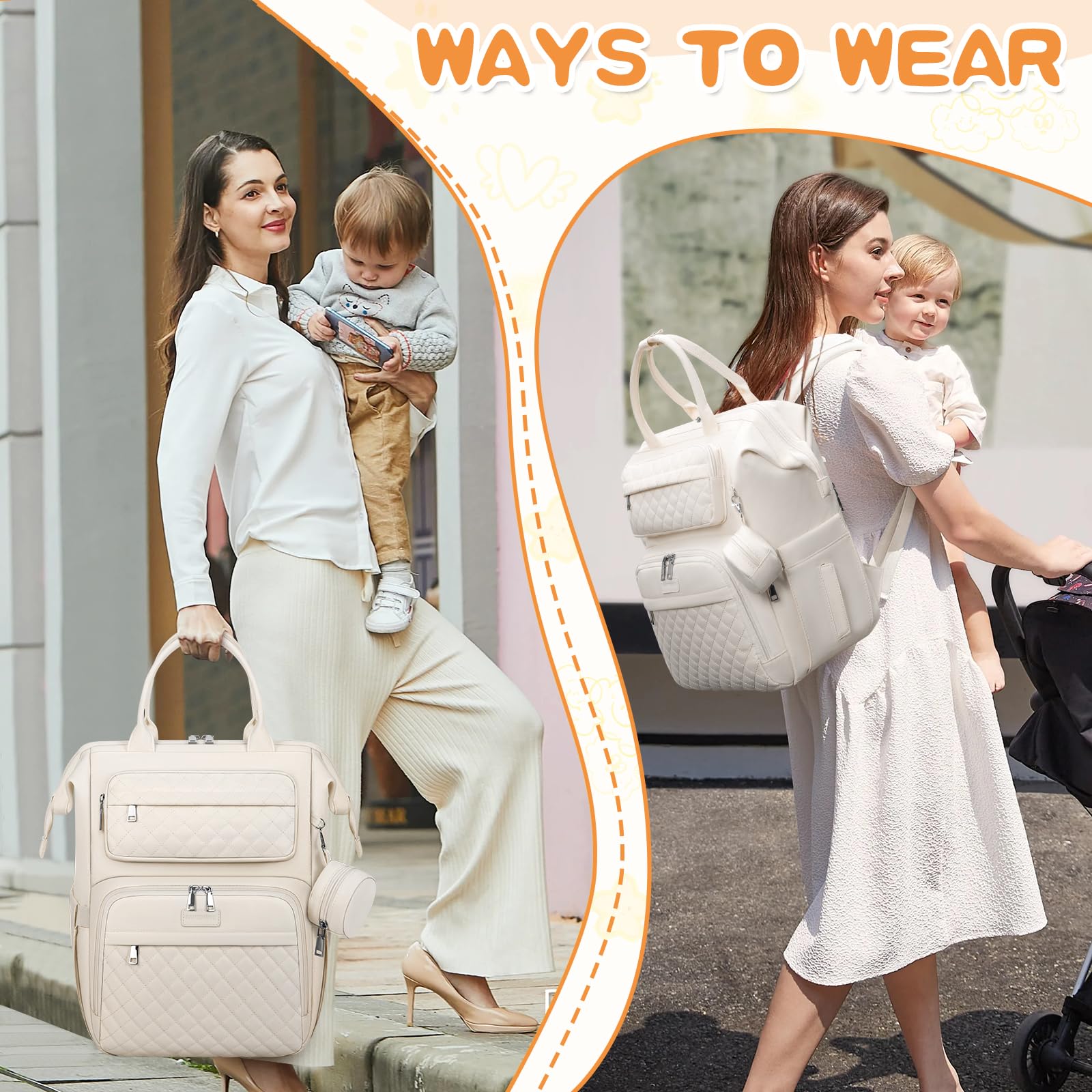 RAINSMORE Baby Wickelrucksack Groß Wickeltasche Rucksack mit Wickelauflage Schnullerhalter Kinderwagengurten Babytasche Diaper Bag Multifunktions für Mama und Papa Aprikose