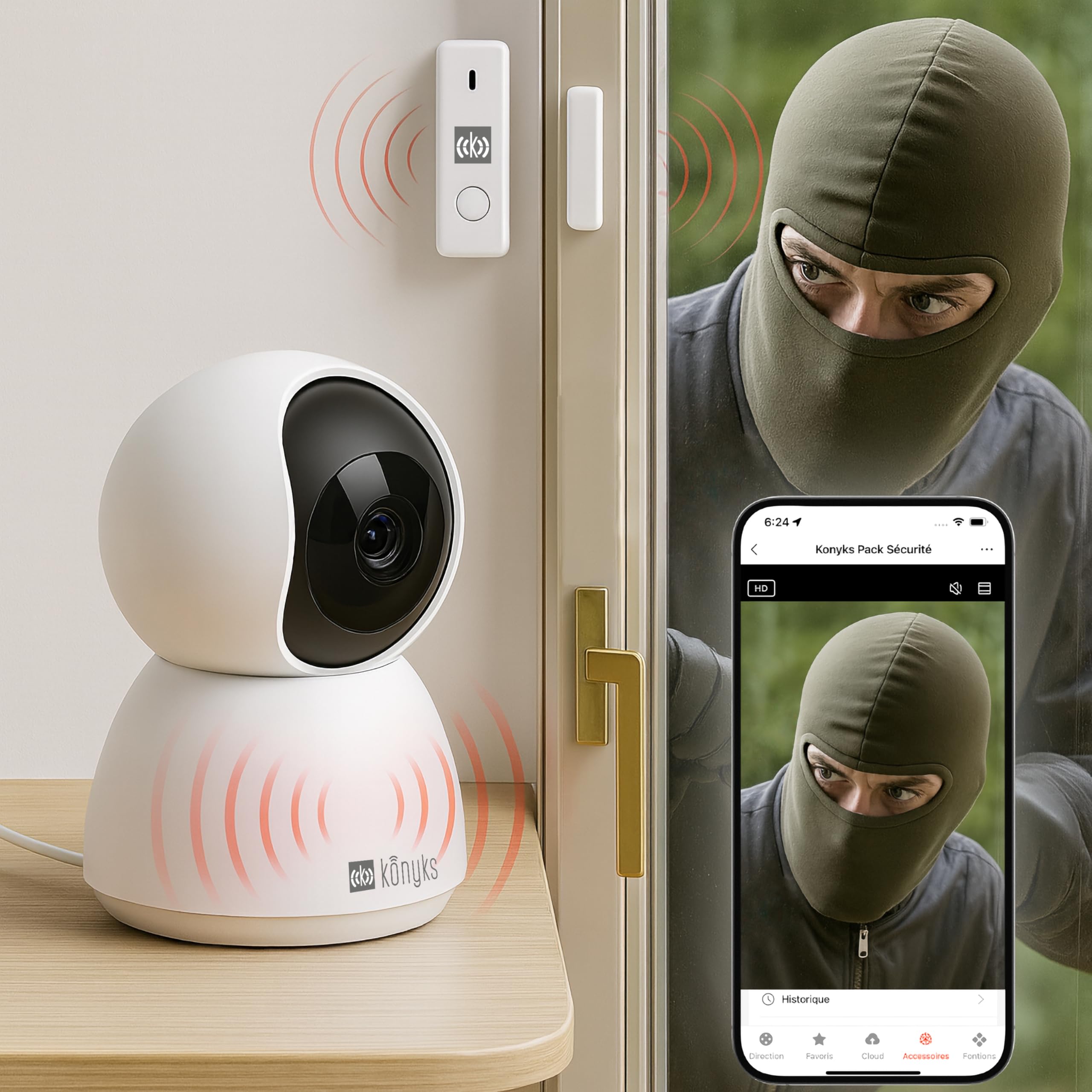 Pack sécurité, 1 Caméra WiFi intérieure motorisée 4 MP et Hub système d'alarme + 2 détecteurs d'ouverture + 1 détecteur de Mouvement + 2 télécommandes