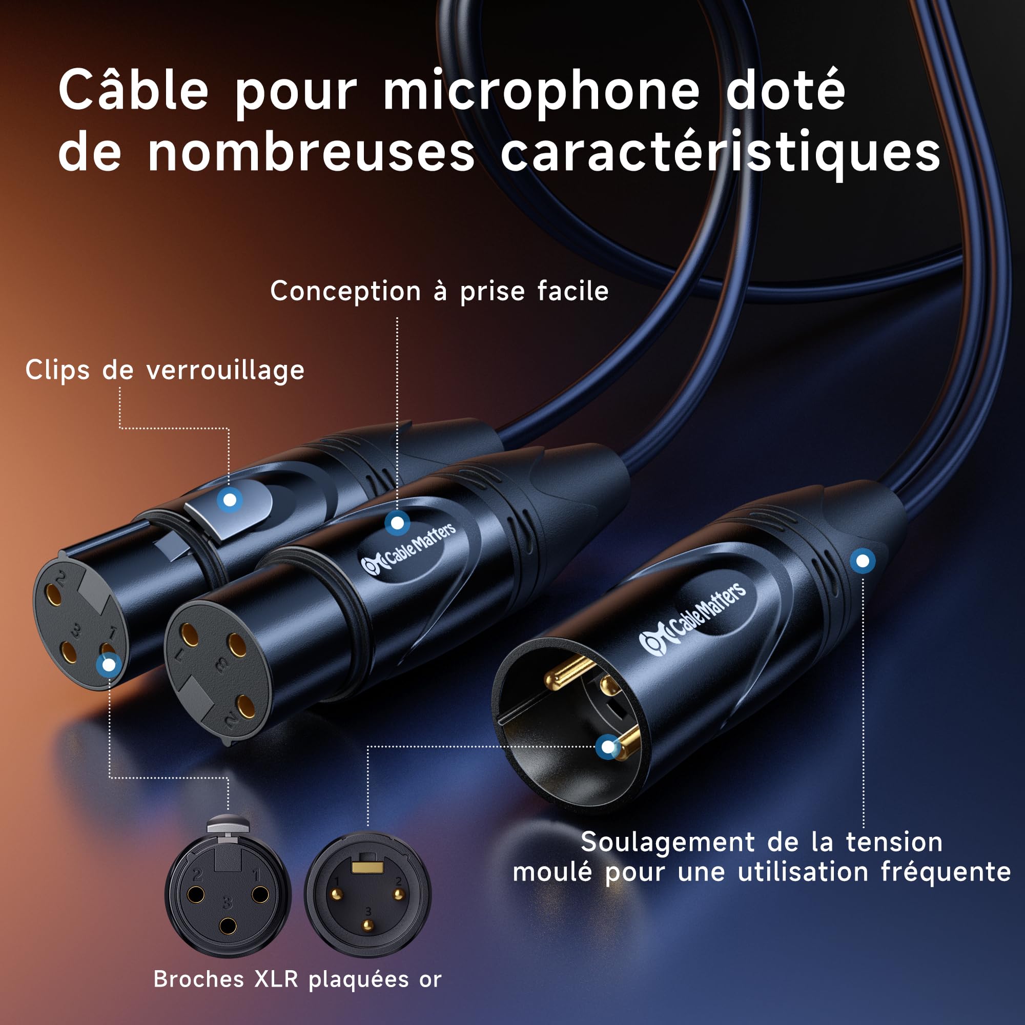 Cable Matters Câble Répartiteur XLR Symétrique, Câble en Y XLR Mâle, 1m | Câble XLR en Y, répartiteur de microphone 1 mâle vers 2 prises femelles, répartiteur de microphone