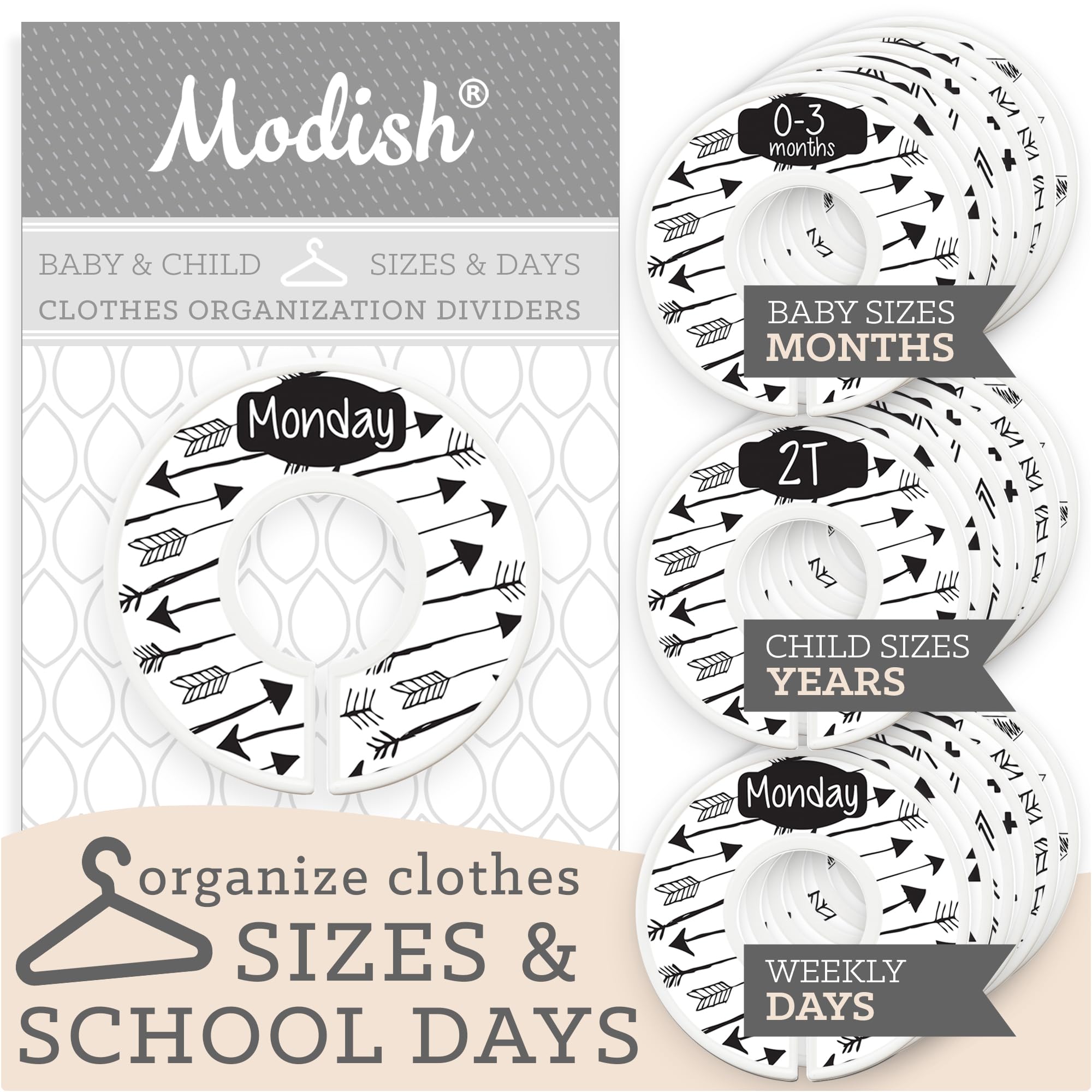 Days of The Week School Clothes Organizer Weekly Monday Through Friday Kids Closet Organization, Modish Labels Hanging Dividers Sort Sizes & Days, Gender Neutral Black White Boho Woodland Adventure