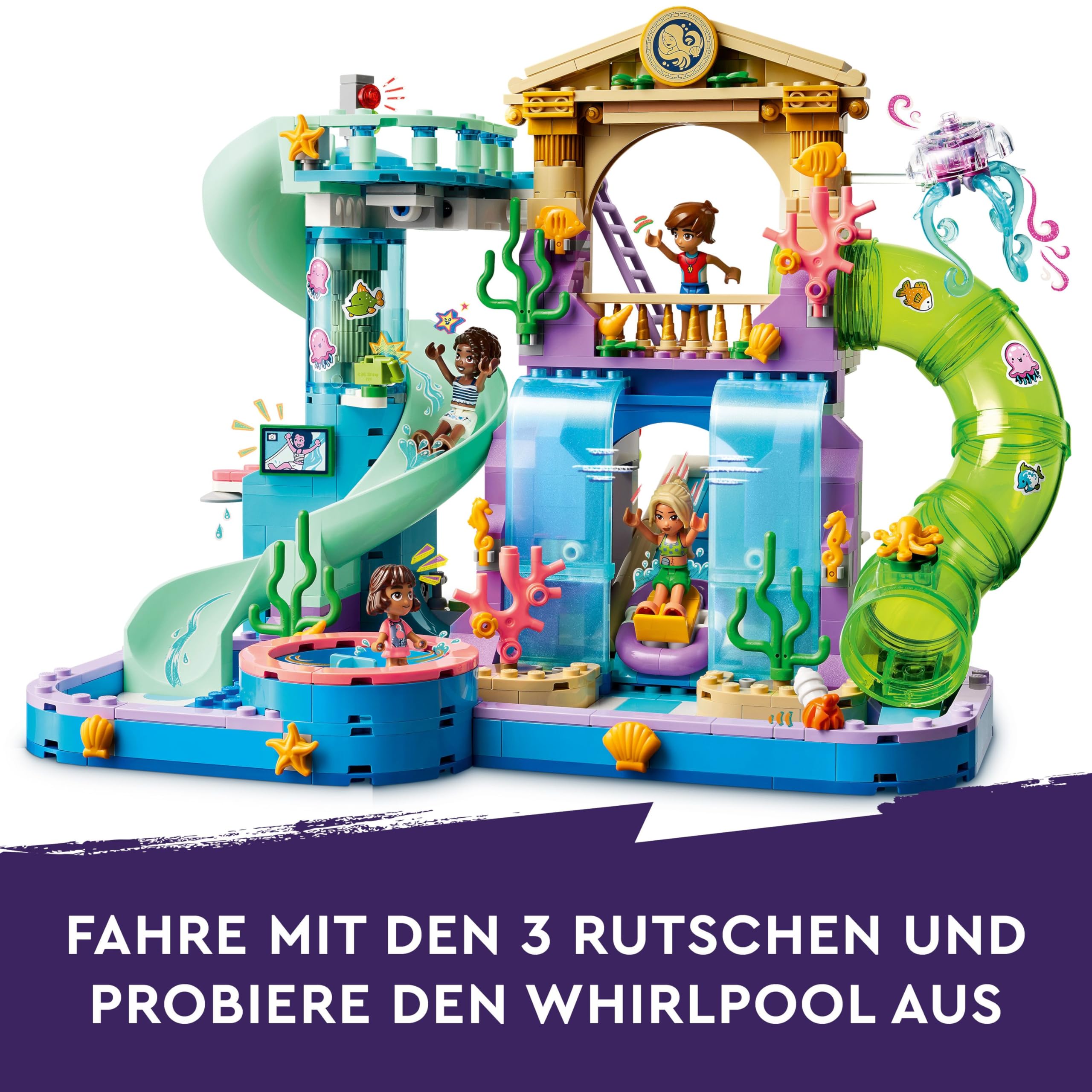 LEGO Friends Heartlake City Wasserpark - Kinder Spielzeug mit 4 Minifiguren - Bauset mit 3 Wasserrutschen und vielen lustigen Sommer-Accessoires - Geschenk für Mädchen und Jungen ab 8 Jahren - 42630