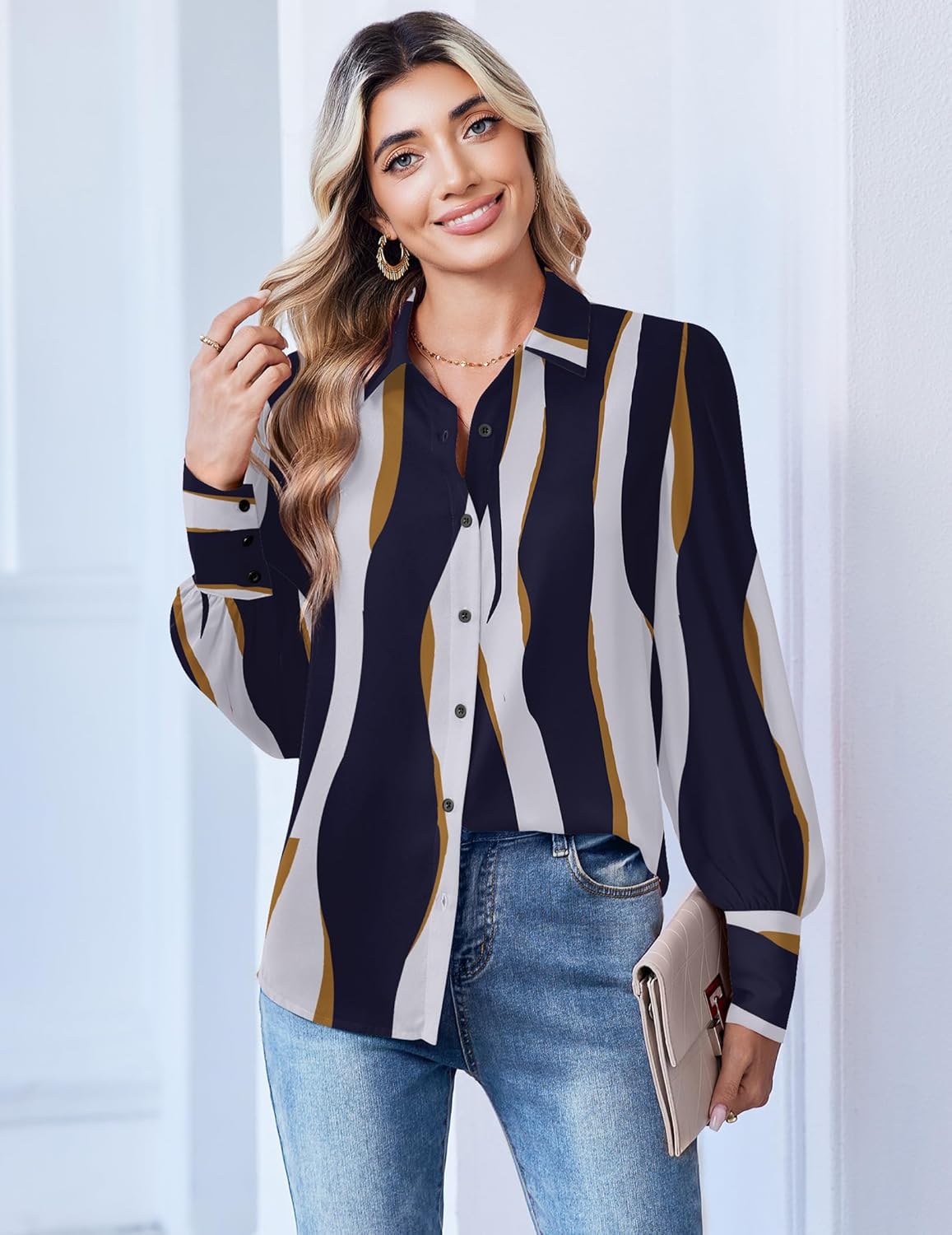 Zeagoo Women Button Down Shirts Lantern Long Sleeve Tops Business Casual Chiffon Blouses Trendy Work Clothes - Image 3