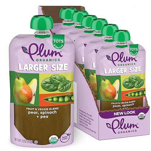 Plum Organics Tots & Beyond - Mezcla de frutas y verduras de pera, espinacas y guisantes, Kosher, certificado orgánico USDA, sin OMG, 7.5 onzas