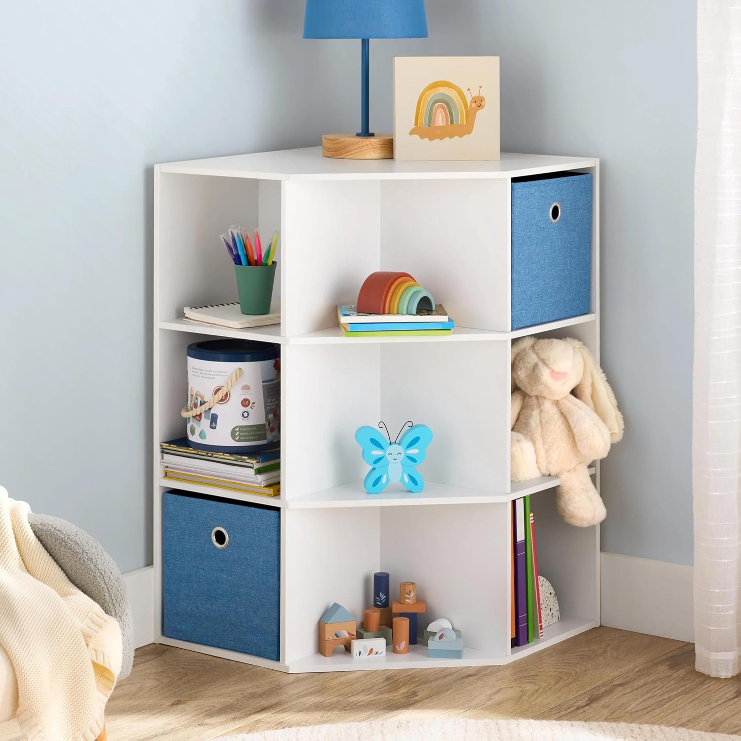 Corner Cube Storage Organizer, White, 9-Shelf Corner Bookcase, Manufactured Wood Construction, 33.46 x 25.28 x 35.39 Inches, Deep Cubby Design