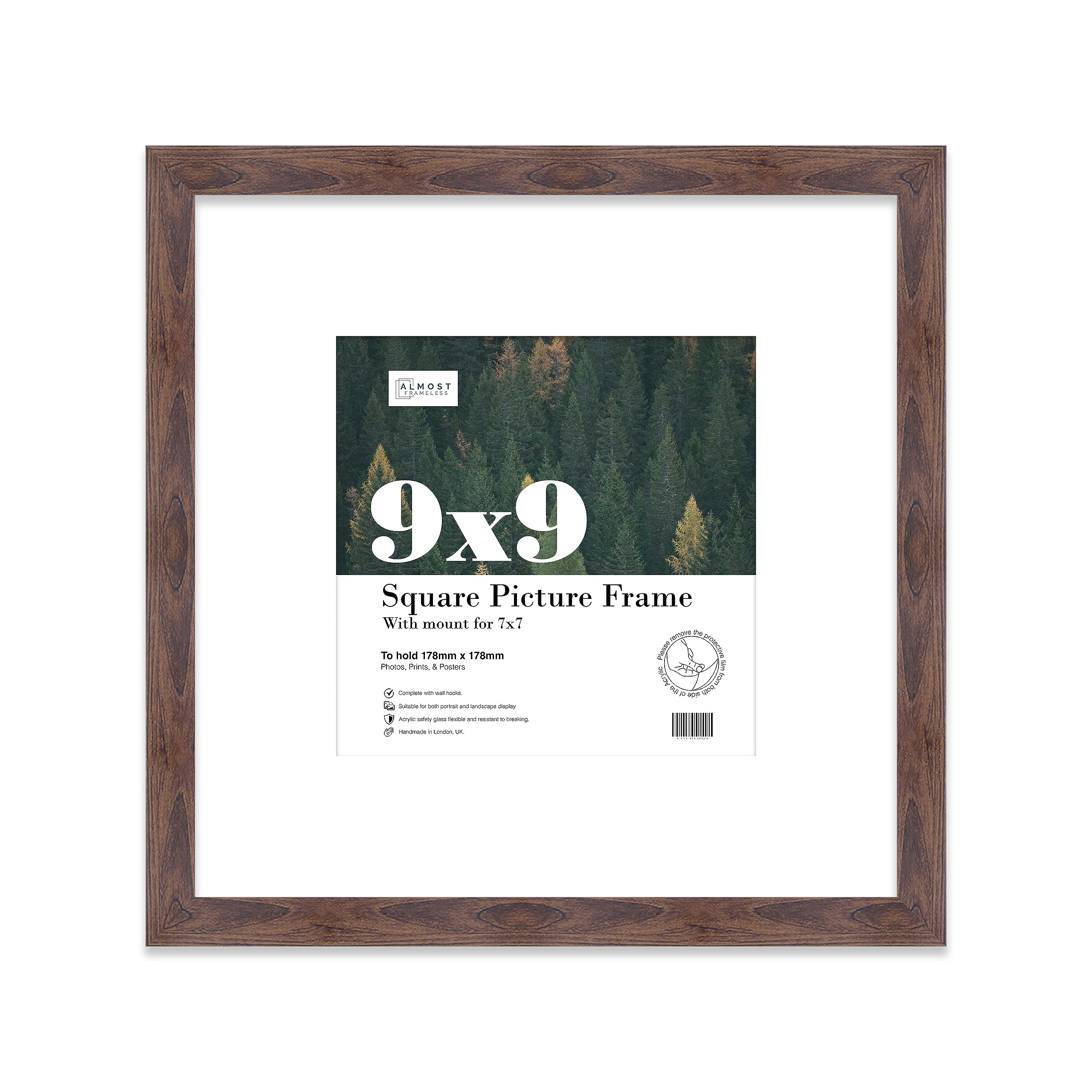 9x9 Walnut Picture Frame with Mount for 7x7 Photos, Prints - Modern Square Wall Frame, 1 Pack