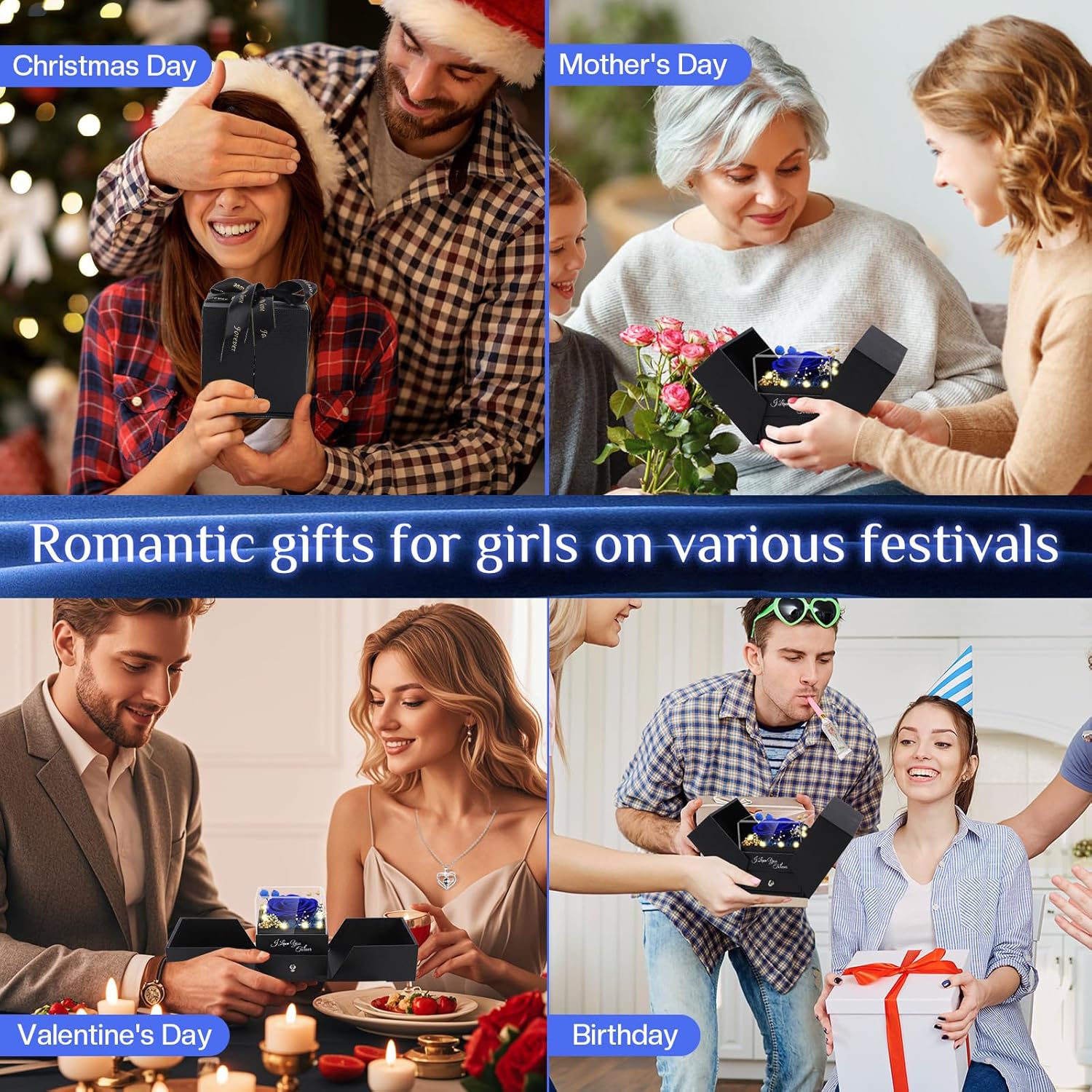 Preserved Blue Real Rose Flowers in Box with I Love You in 100 Languages Necklace - Unique Gift for Women Mom Wife Girlfriend on Mother's Day Valentine's Day, Birthday, Christmas - Image 7