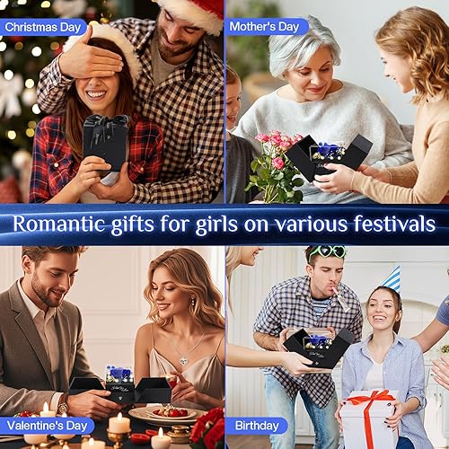 Miniatura 7 de Flores de rosas reales azules preservadas en caja con collar "I Love You en 100 idiomas", regalo único para mujeres, mamá, esposa, novia en el día