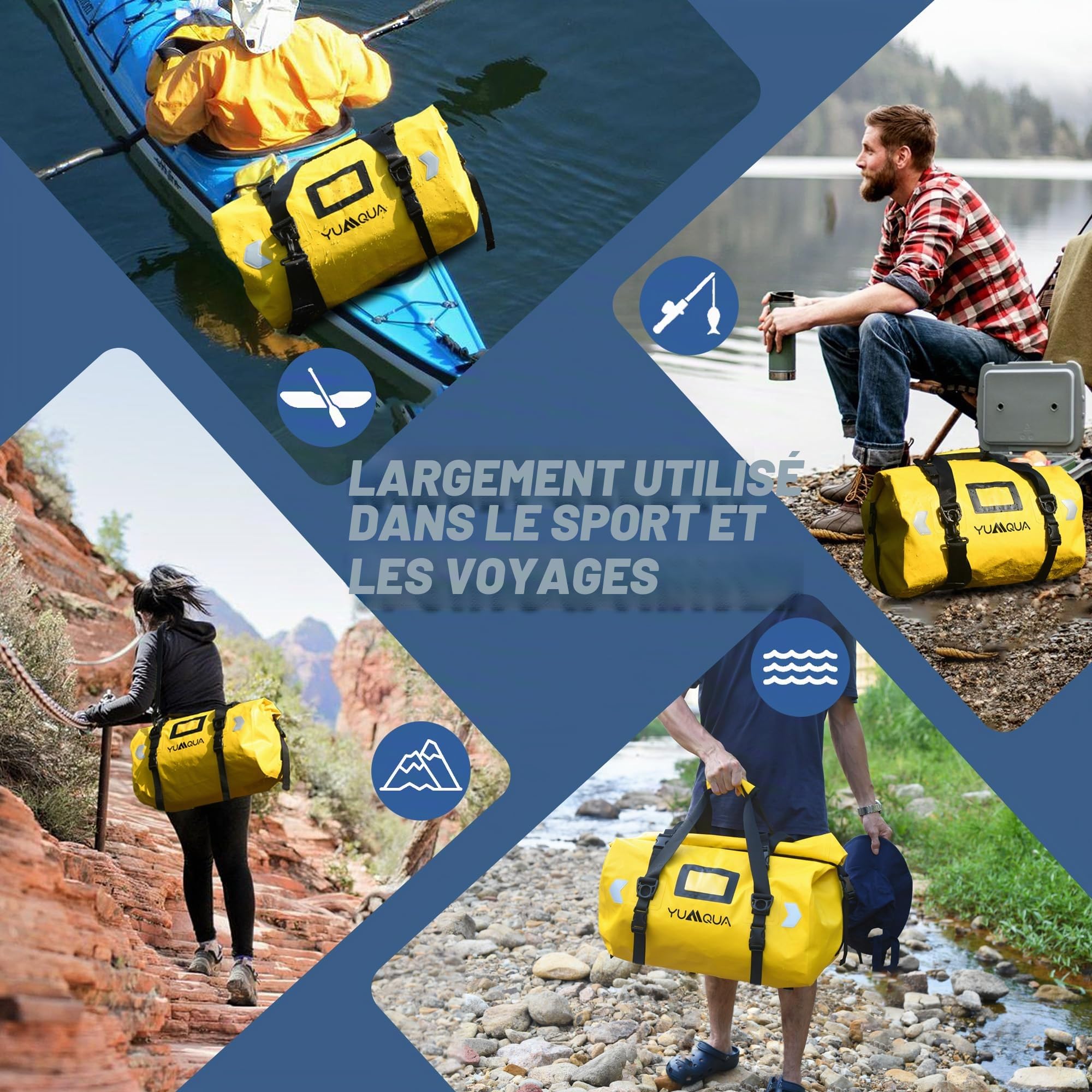 YUMQUA Sac de Sport et Voyage Étanche - Grand Sac à Dos 40L Pour Moto, Bateau, Camping - Jaune