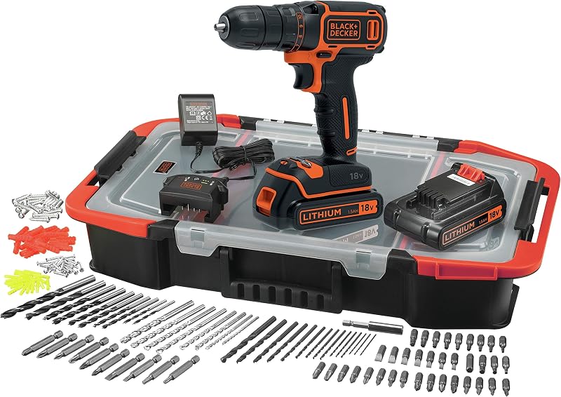 BLACK+DECKER - 18 V Li-Ion Cordless Drill with Charger - Includes 160 Accessories and 2 Batteries 1.5 Ah Supplied in Box - BDCDC18BAST-QW
