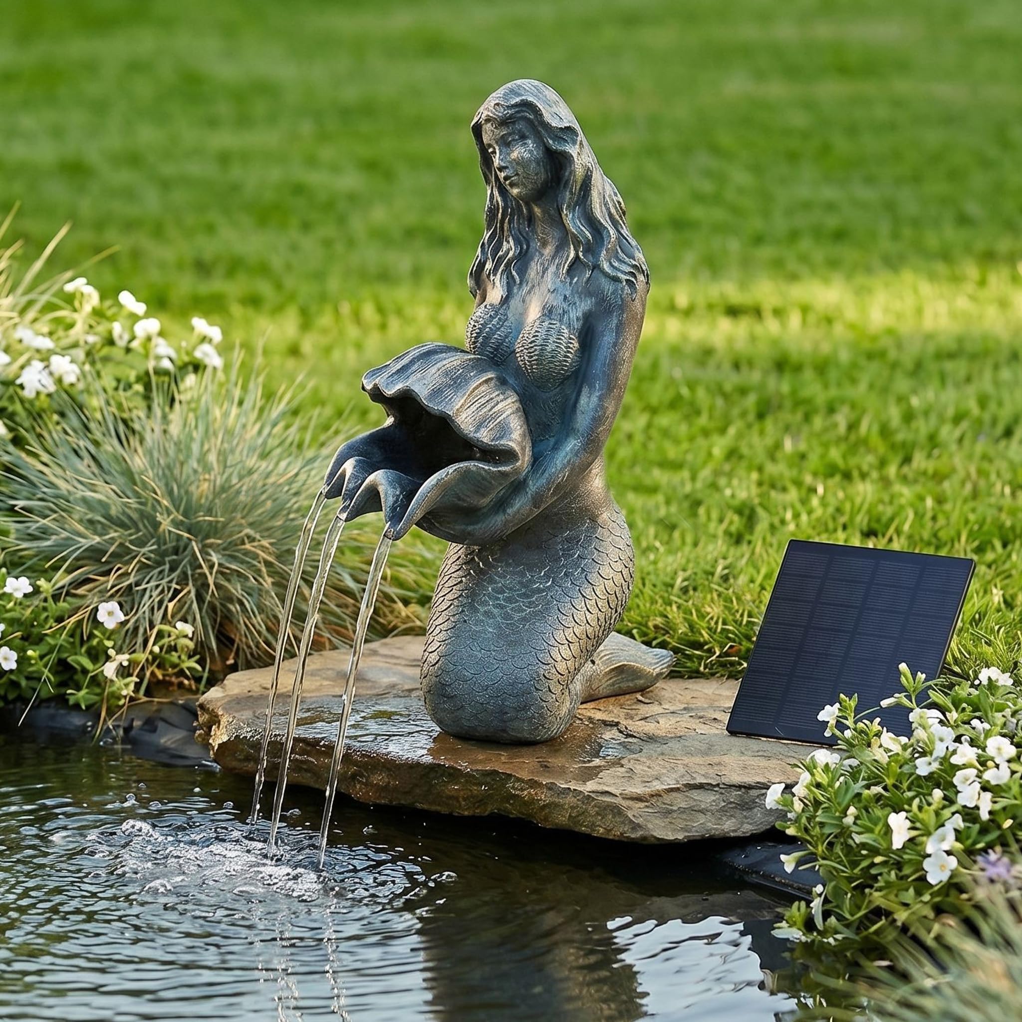 Garghilè solare con pompa – Statuetta di sirena con pompa solare e gioco d'acqua, decorazione da giardino in poliresina effetto bronzo, fontana solare per laghetto da giardino e corso d'acqua, 27 x 14