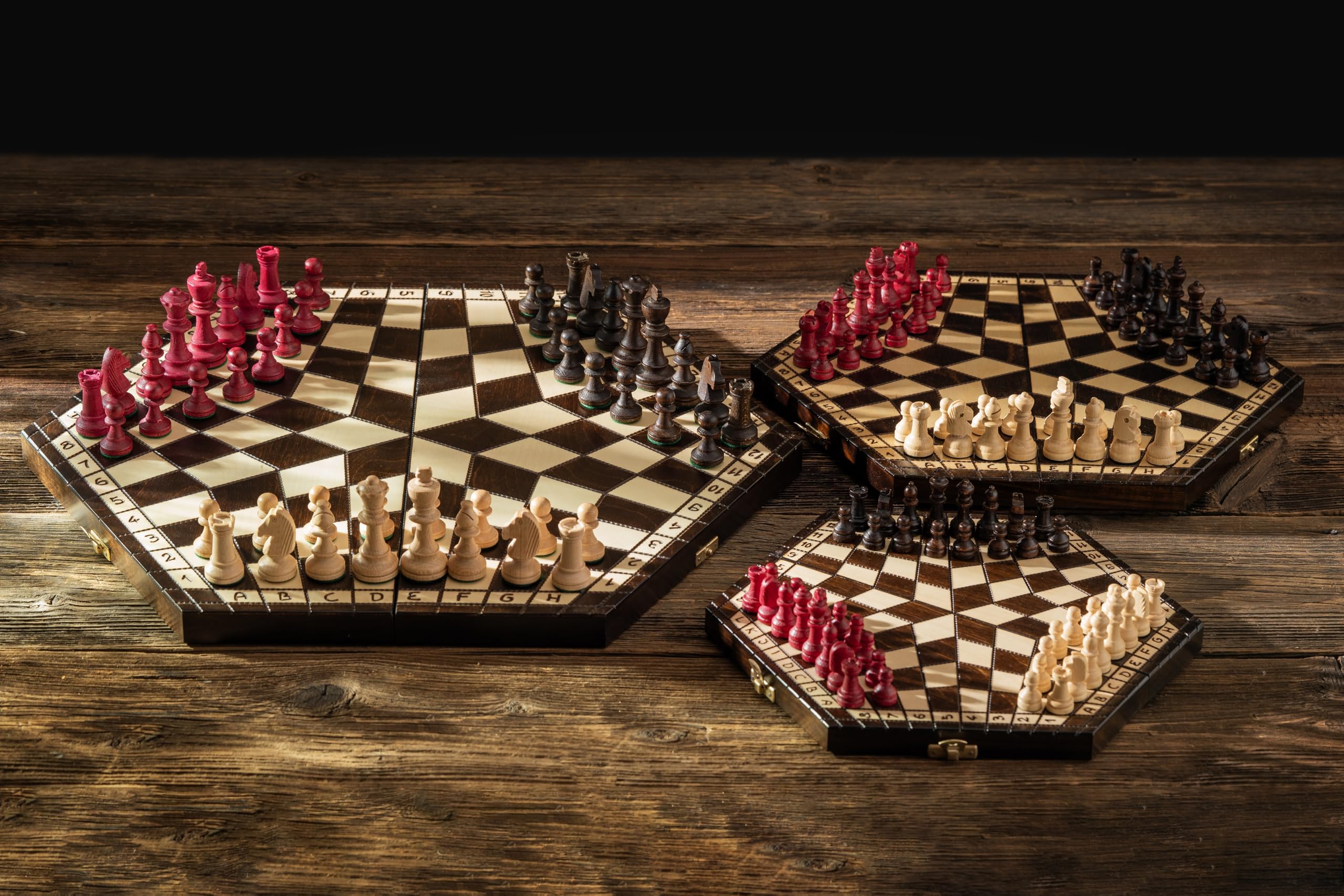 Small 3 Player Chess Set - 32cm Hexagonal Board Without Notation/Edge Numbers, Brown, White And Red Pieces