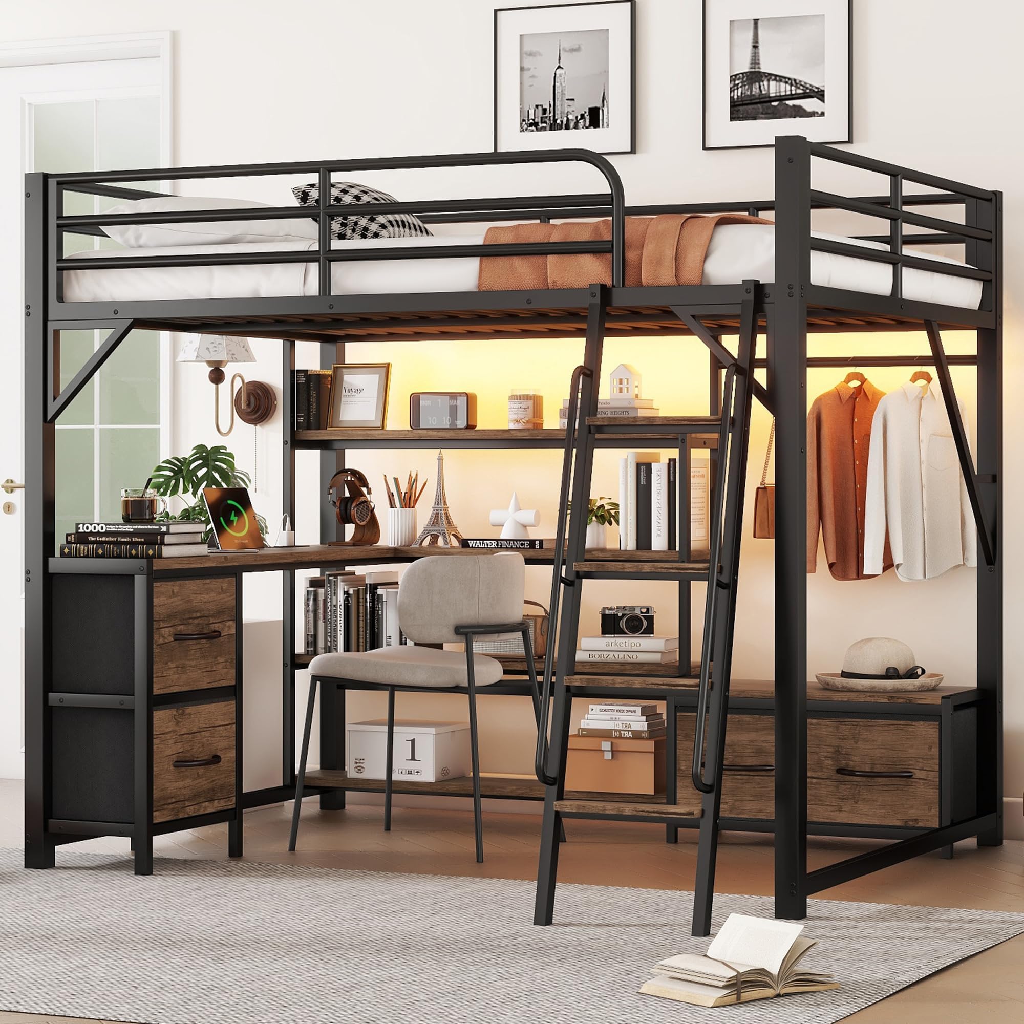 Loft Bed Queen Size with Desk and Charging Station, Metal Loft Beds Frame with LED Lights, Bookcase & 4 Fabric Storage Drawers & Bench, Adults Loft Beds with Wardrobe -Safety Guard & Ladder, Black