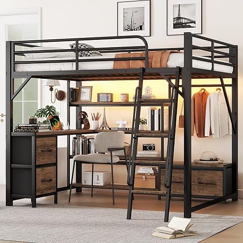Loft Bed Queen Size with Desk and Charging Station, Metal Loft Beds Frame with LED Lights, Bookcase & 4 Fabric Storage Drawers & Bench, Adults Loft Beds with Wardrobe -Safety Guard & Ladder, Black