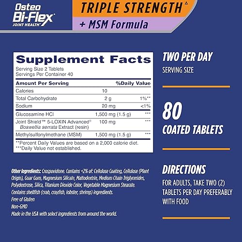 Vista 2 de Osteo Bi-Flex Triple fuerza (5) con MSM, suplemento de salud articular de glucosamina, tabletas recubiertas, 80 unidades (paquete de 2)
