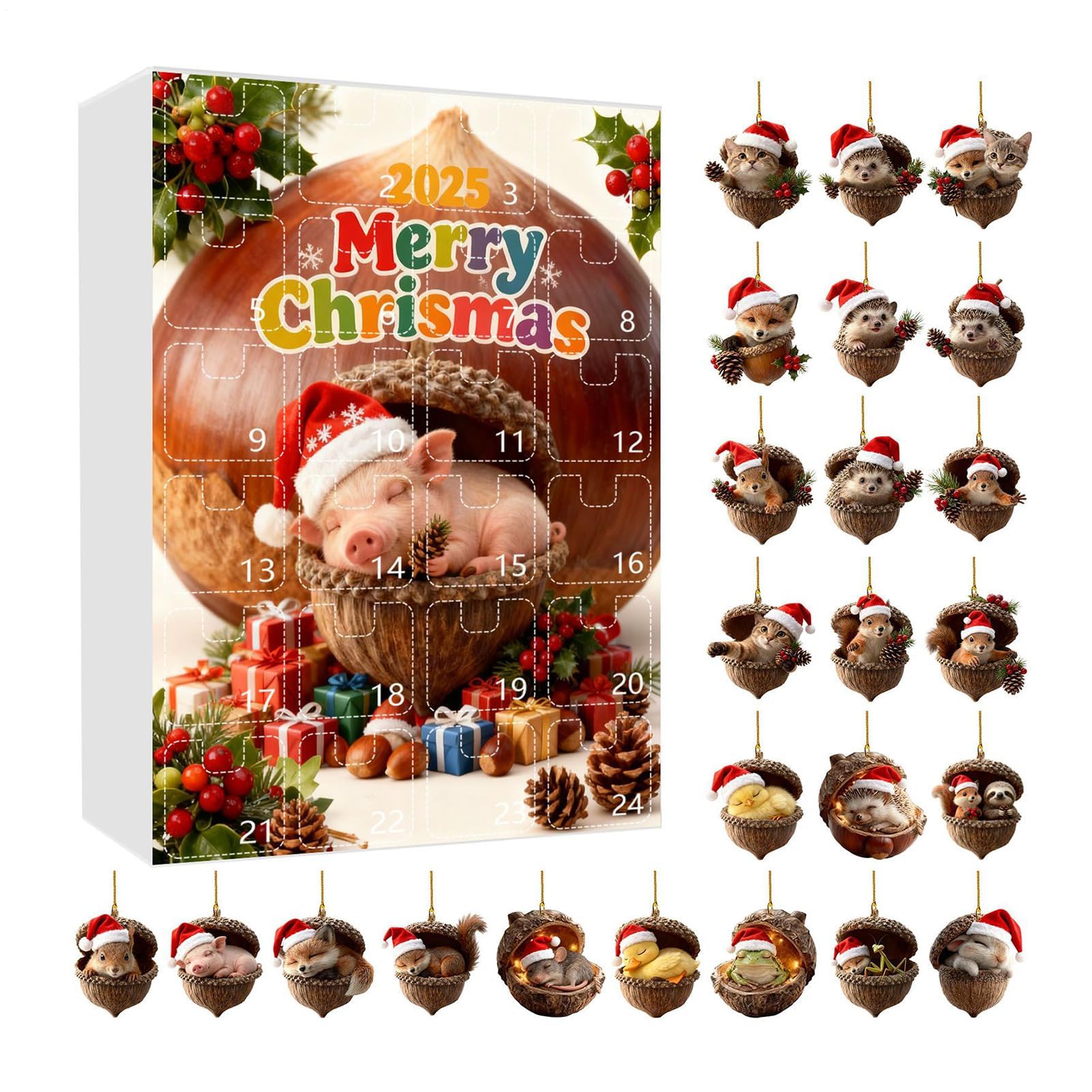 2025 Weihnachtskalender mit Tier-, 2D-Acryl, festliche Dekoration, 24 Tage Tier-Weihnachtsanhänger, Countdown – für Zuhause, Auto, Rückspiegel, Wand, Fenster, Tür, Erwachsene, Kinder