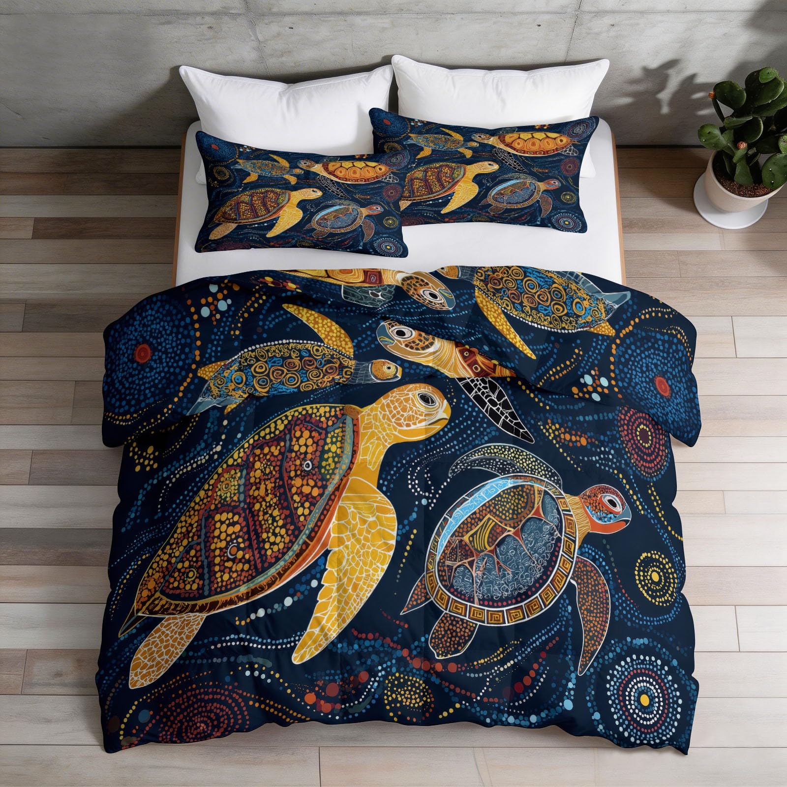 King Coverless Duvet Set with 2 Pillowcases, Bohemian Marine Animals Sea turtles Soft All-Season Comforter, Lightweight Quilt 230 x 220 cm for Housewarming, Navy Blue