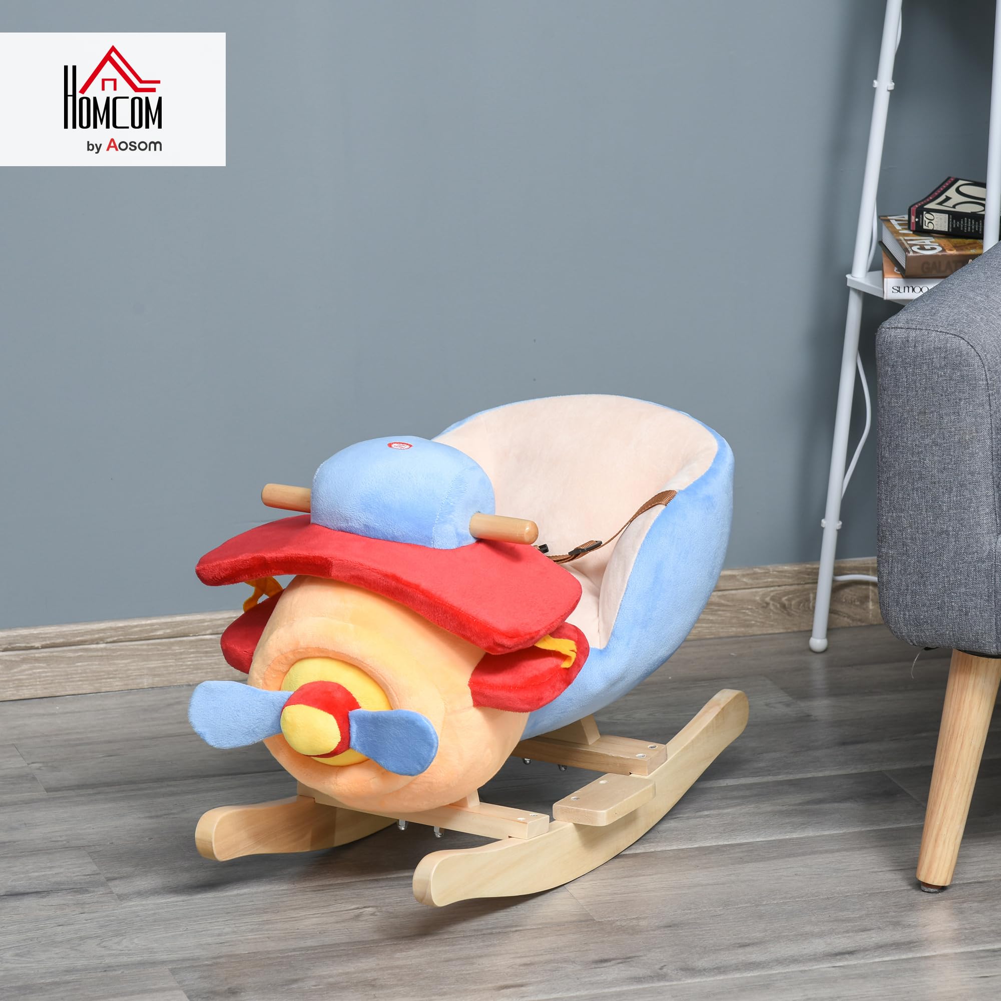 HOMCOM Caballo Balancín para Niños de +18 Meses Avión de Peluche con Música y Arnés de Seguridad Caballo de Juguete Carga 60 kg 60x33x45 cm Multicolor