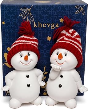 khevga Snowman Decor Figurines Set of 2, Box with Knit Hats