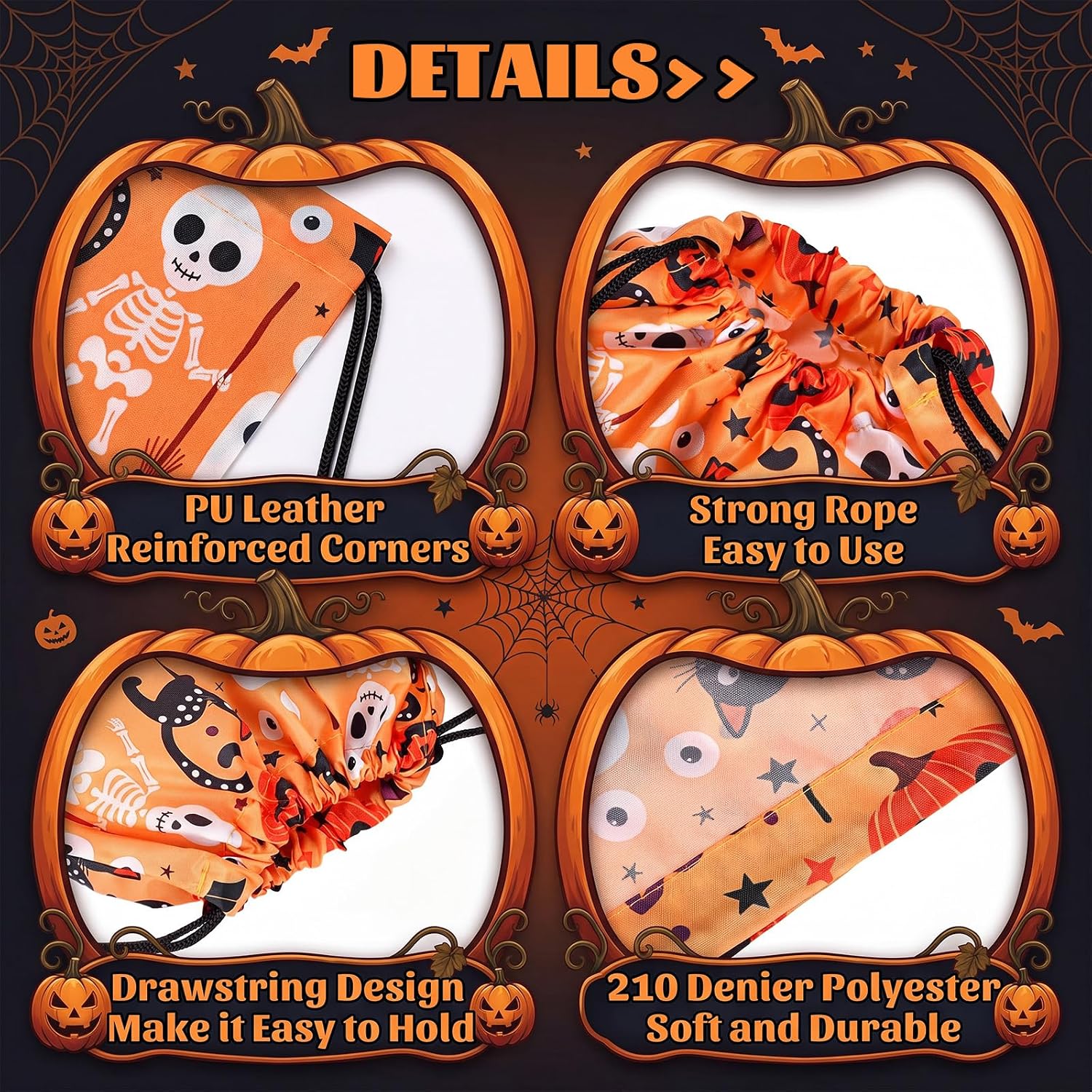 Sanwuta 48 Pcs Large Halloween Drawstring Backpack Bag 16.3 x 13.2 Inch Huge Cartoon Trick or Treat Sack Gift Backpack Cute Candy Goodie Bags for Halloween Party Favors