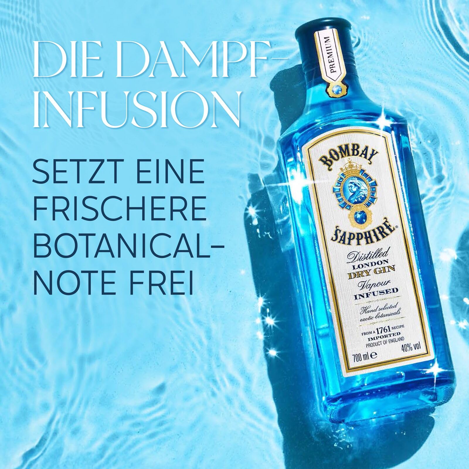 Bombay Sapphire London Dry Gin, 40 Vol-%, 100 cl / 1 L, zu 100% per Dampfinfusion destillierte Spirituose mit 10 erlesenen Botanicals