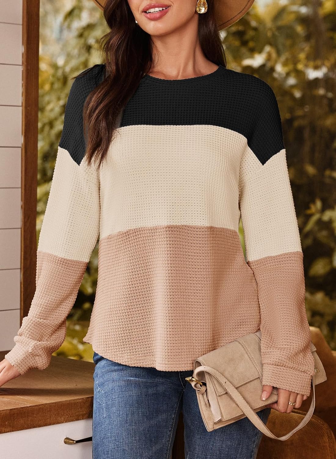 Dokotoo Womens Tops Casual Long Sleeve Waffle Knit Oversized Shirts Crewneck Color Block Pullover Sweatshirts - Image 2