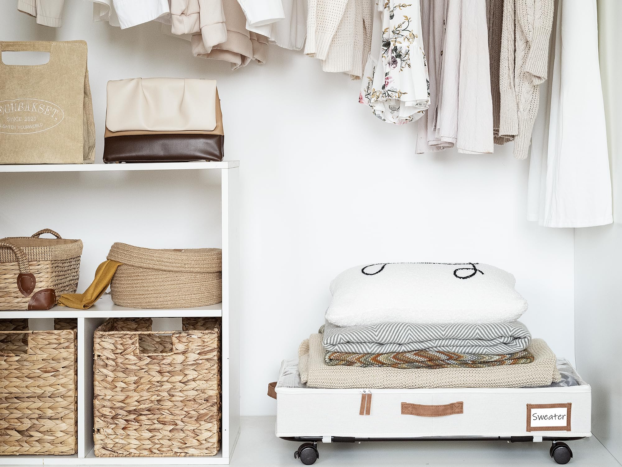 StorageWorks Under Bed Storage with Wheels, Underbed Storage Containers with Handles, Rolling Storage Organizers for Clothes, Blankets, Beige, 2-Pack