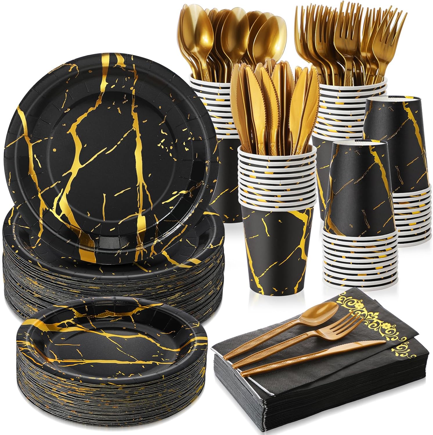350 Pcs Black and Gold Disposable Dinnerware Set for 50 Guests, Include 100 Paper Plates 50 Napkins 50 Cups 50 Gold Plastic Cutlery Set, Marble Design Dinnerware for Party Wedding 350 Pcs Black and Gold Disposable Dinnerware Set for 50 Guests, Include 100 Paper Plates 50 Napkins 50 Cups 50 Gold Plastic Cutlery Set, Marble Design Dinnerware for Party Wedding