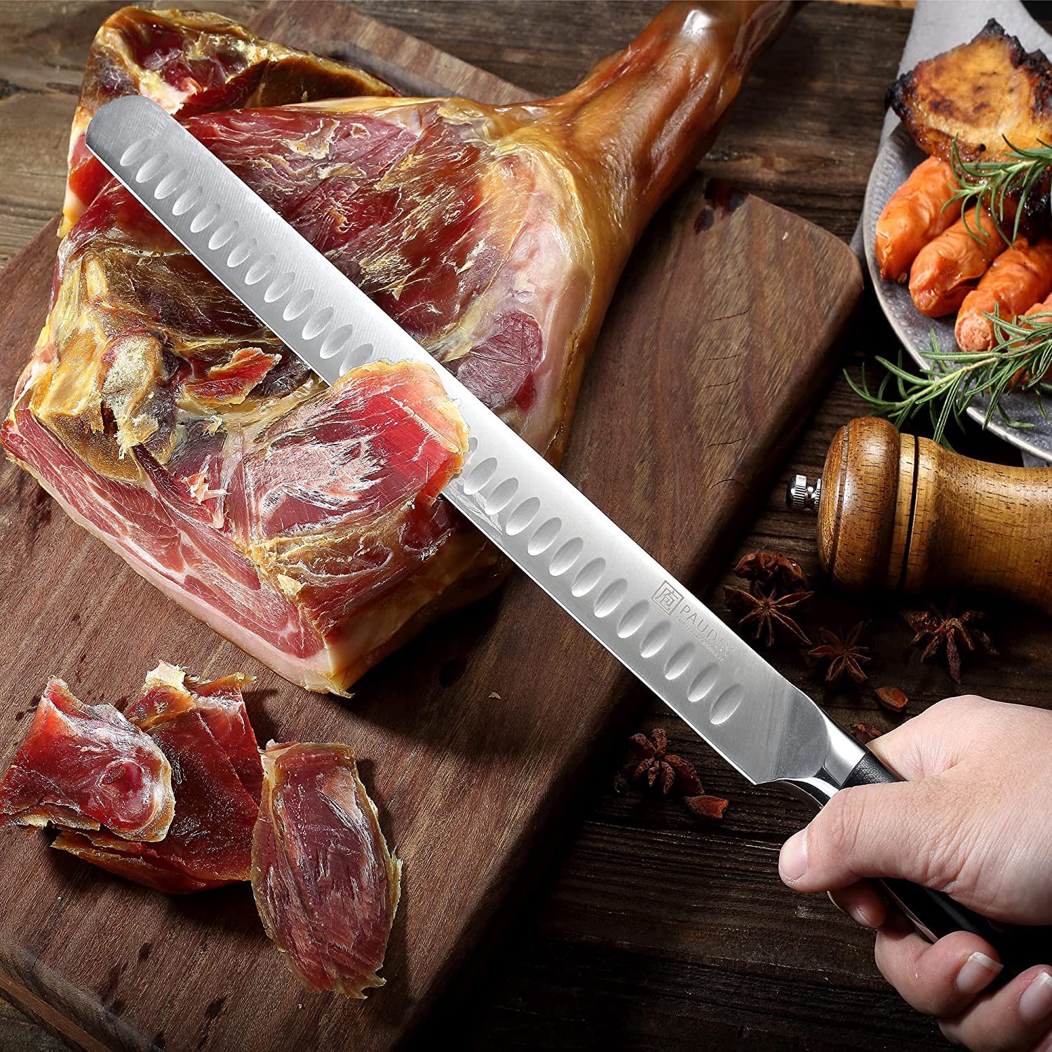 PAUDIN Cuchillo para Jamón 30cm, Cuchillo de Corte, Hoja Profesional de Cocina de Acero Inoxidable Alemán, Cuchillos de Chef Adecuados para Asados Ahumados, Pavo, Salmón, Pan