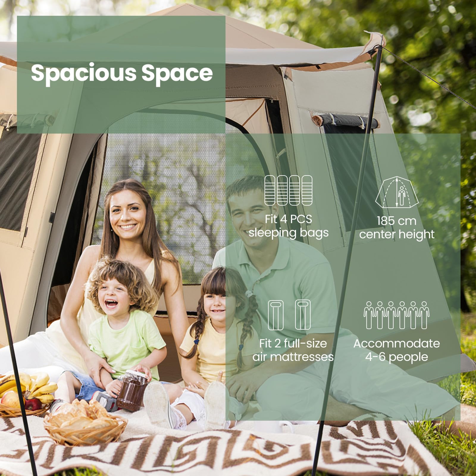HOMASIS Tenda Campeggio Esagonale per 4-6 Persone, Tenda Pop-up Automatica con Doppia Porta e Borsa da Trasporto, Tenda Famigliare con Zanzaziera per Escursioni, Spiaggia, 330 x 270 x 200 cm, Beige
