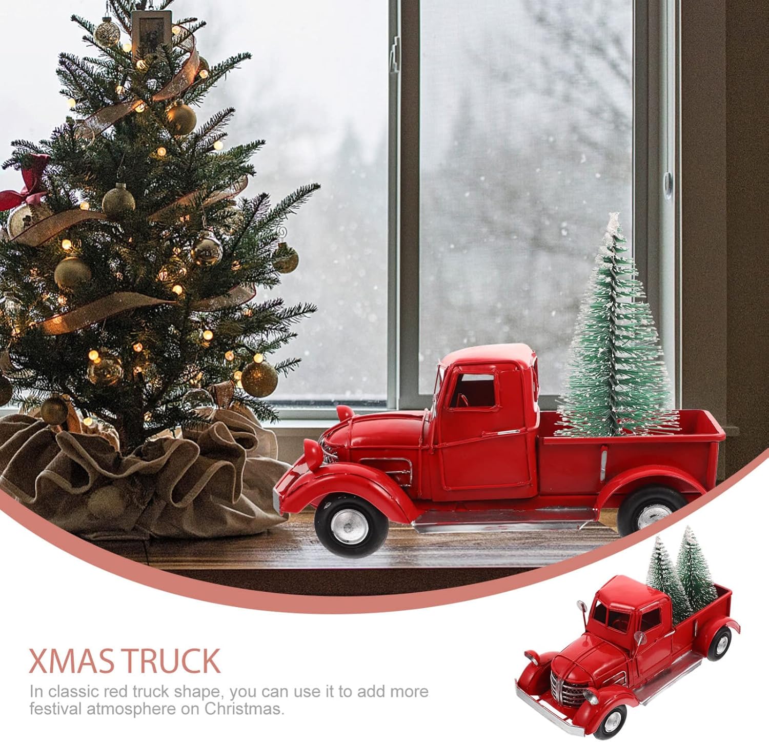 Retro Red Truck Metal Truck Ornament Xmas Adornment Christmas Truck Xmas Red Truck Model Christmas Truck with Tree Models Metal Car Craft Car Model Wrought Iron