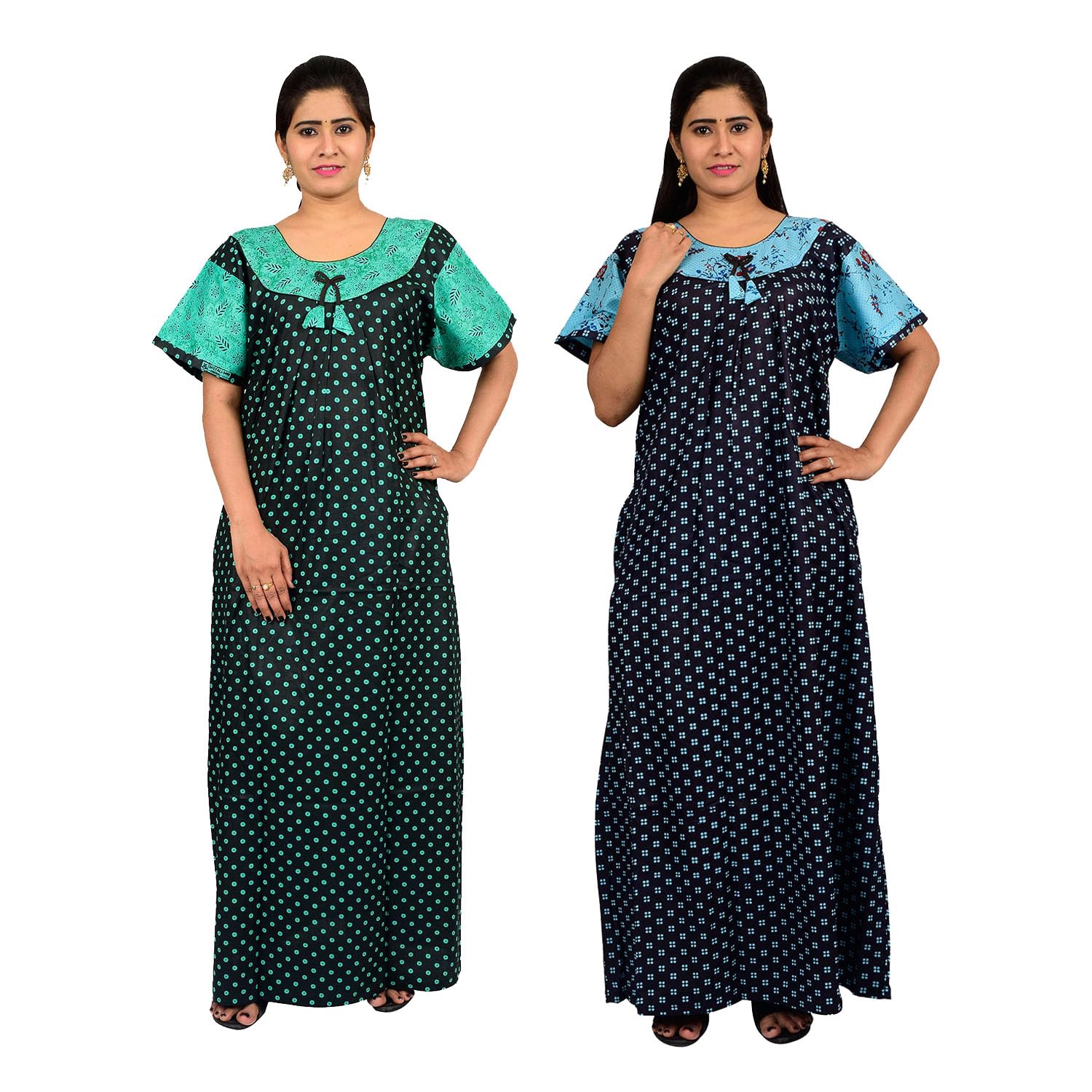 OSF Women's Cotton Floral Nighty Round Neck Full Length Nightwear Night Gown Maxi (Pack of 2, Size:- Free, P2NW013)