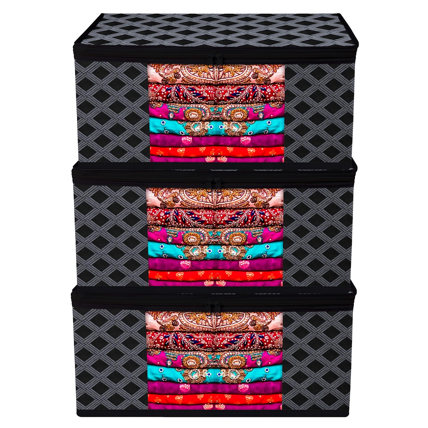 Kuber Industries Non-Woven Saree Cover Bag | Zip Closure Saree Cover Bag | Clothes Storage Bag | Wardrobe Organiser | Transparent Window Saree Cover Bag | Check-Design | 9 Inch | Pack of 3 | Black