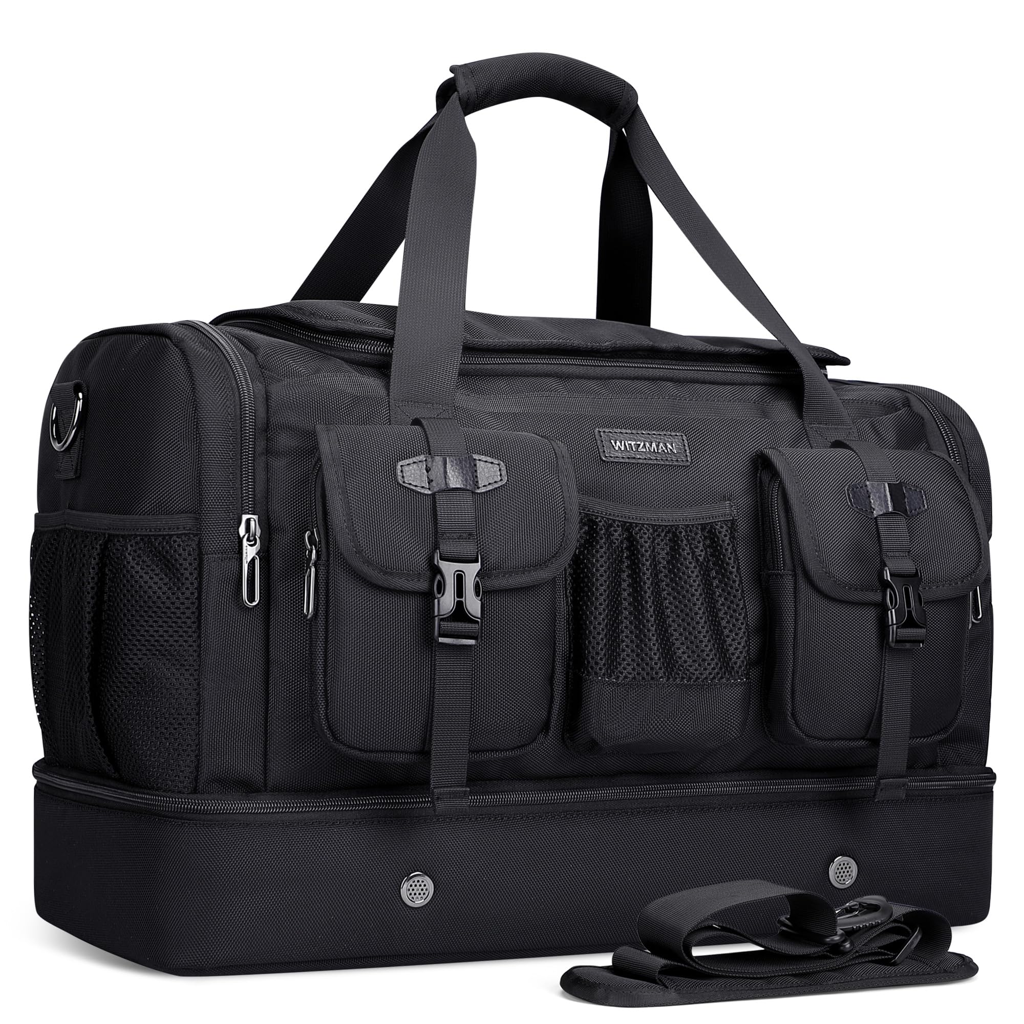 WITZMAN Reisetasche Herren 50L Weekender Gym Sporttasche mit Schuhfach | Nylon, Mehrere Taschen mit Nassfach, Konvertierbar, Große, Handgepäck Flugzeug, Für Reisen, Sport, Sauna, B723 Schwarz