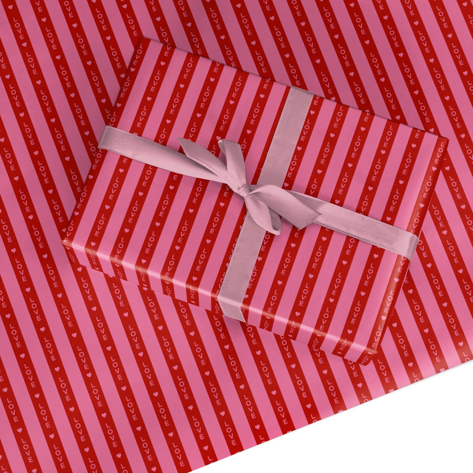 Valentine Heart Striped Wrapping Paper - Premium Love Stripe Gift Wrap, Pink and Red, Elegant Recyclable FSC Paper for Weddings, Anniversaries, Birthdays - 6 Sheets (50x70cm)