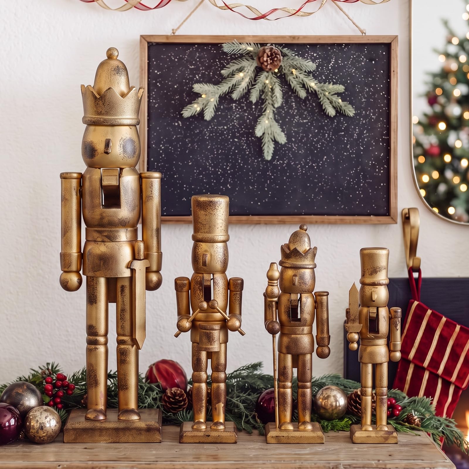 4 Pcs Vintage Gold Christmas Nutcracker Figure 12''/7.5''/6.7''/6'' Wooden