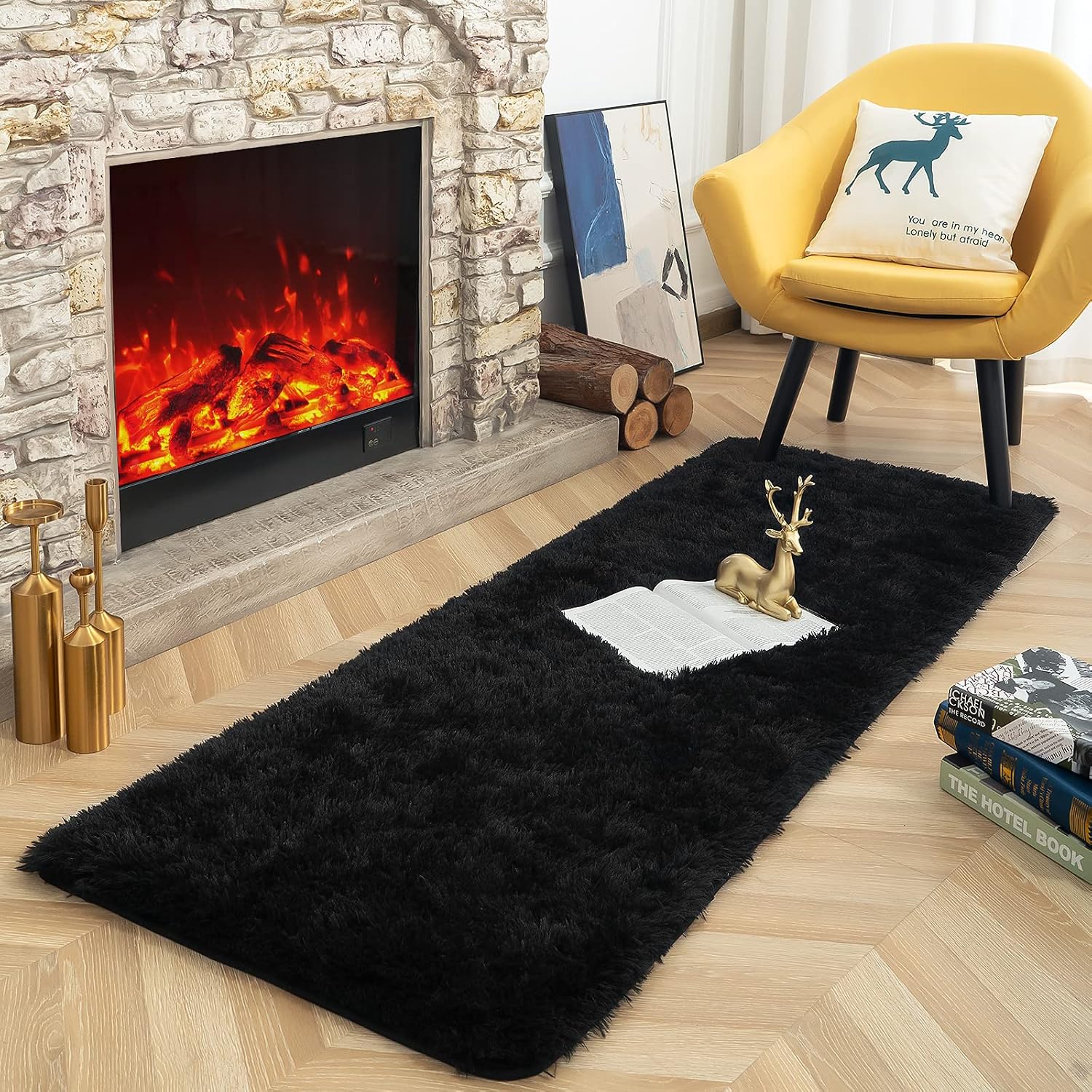 ISEAU Fluffy Soft Shaggy Area Rug for Kids Room Fuzzy Carpet, Comfy Cute Nursery Rug, 2ft x 4ft, Black, 2' x 4' (Rectangular)