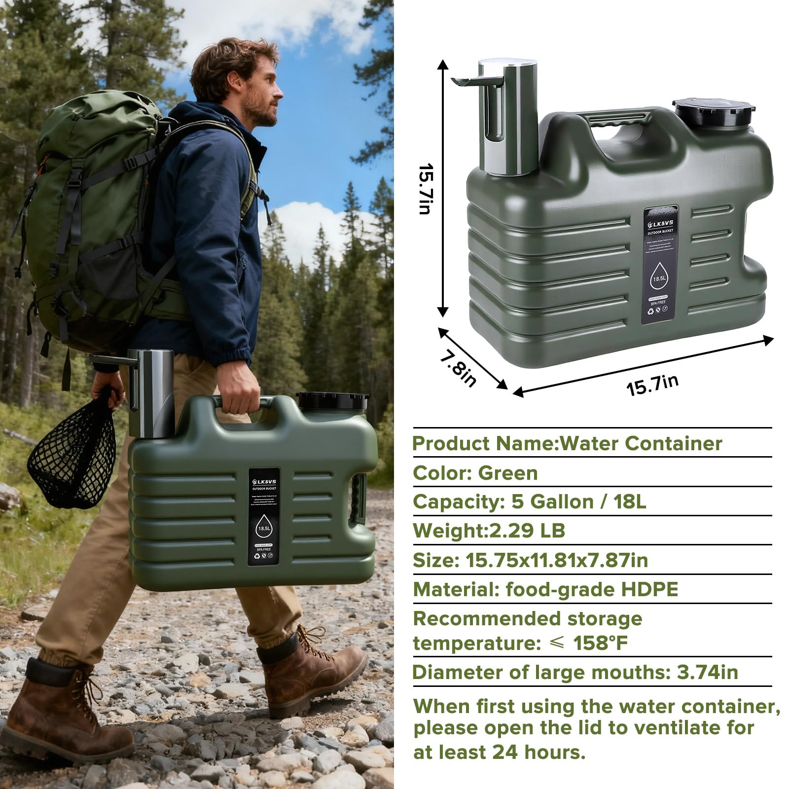 5 Gallonen Camping Wasserkrug mit faltbarer Auto-Pumpe, BPA-frei, auslaufsicher, Camping-Wasserbehälter mit Zapfhahn, Typ-C wiederaufladbar, tragbarer Wasserspeichertank für Wandern, Outdoor & Notfall