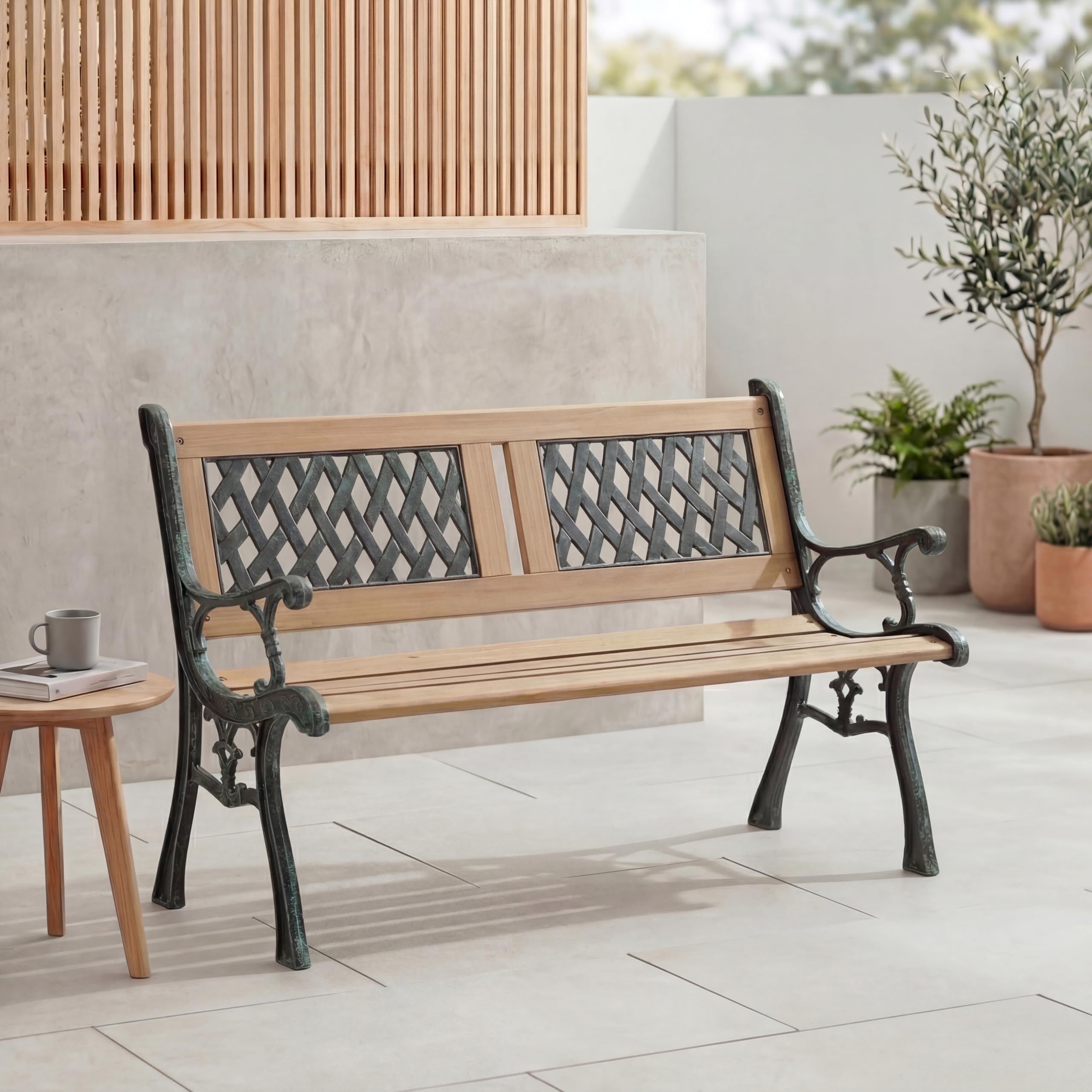 Garden Vida Banco de jardín, diseño de doble cruz, 3 plazas, muebles de exterior, asientos, listones de madera, patas de hierro fundido, asiento para parque y patio, color marrón