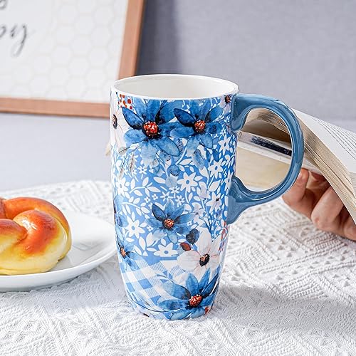 Miniatura 2 de Taza de café de viaje de cerámica con tapa, regalo para el hogar y la oficina, taza de té alta de porcelana de 17 onzas con mango de arte floral en