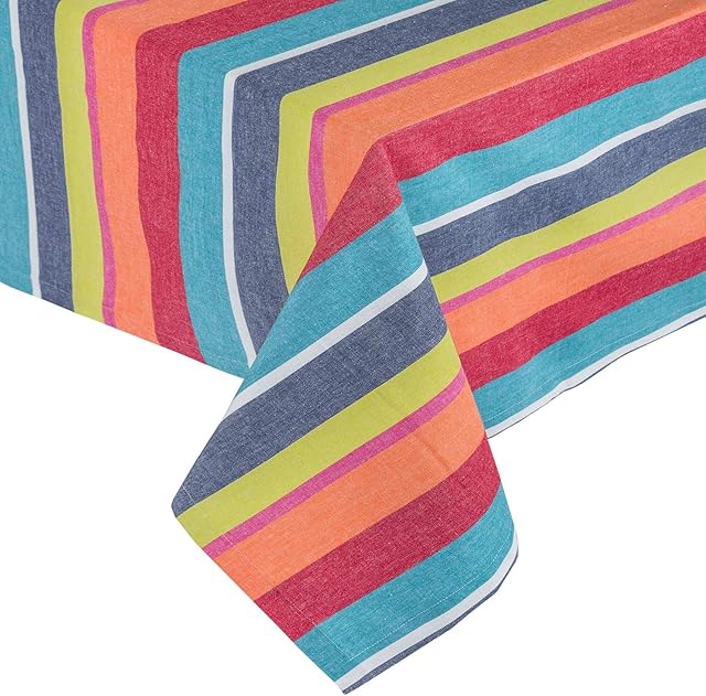 HOMESCAPES Multi Stripe Cotton Tablecloth 6 to 8 Seater Large Rectangular 137 x 228 cm (54 x 90 Inches) - Orange, Green, Blue, Yellow Stripes - 100% Cotton, Washable at 40 Deg C