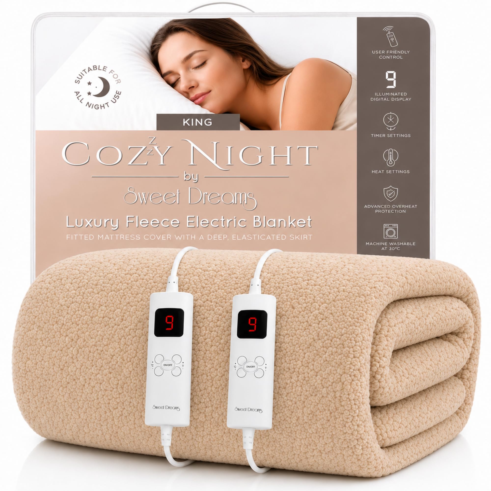 Sweet Dreams Cream Electric Heated Blanket King Size Mattress Cover, Soft Fleece, 9 Heat And 9 Timer Settings Dual Controller Washable, Width 152Cm X Length 203Cm (King)