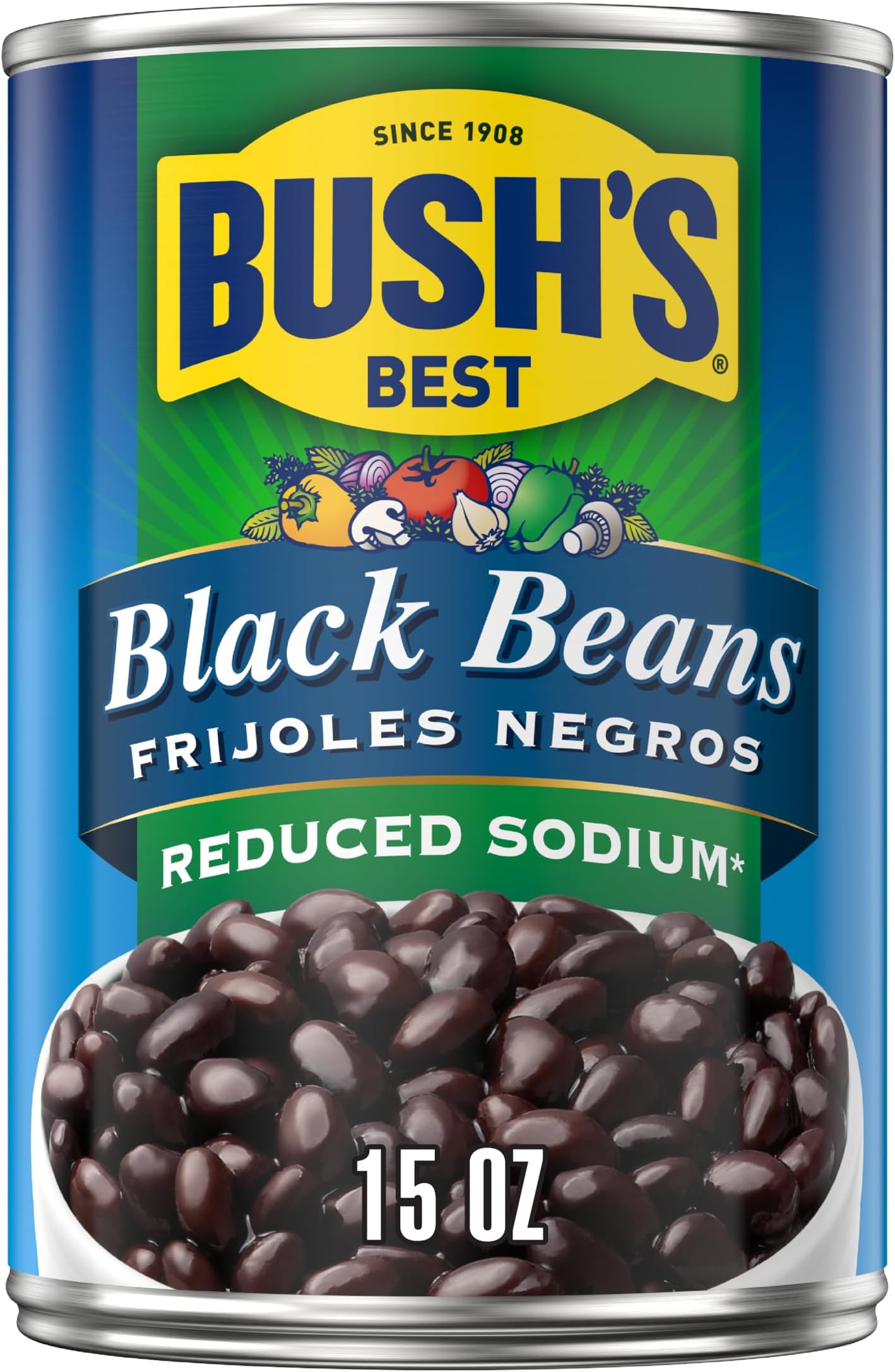 Bush's Best Reduced Sodium Black Beans, Source Of Plant Based Protein And Fiber, Low Fat, Gluten Free, 16 oz