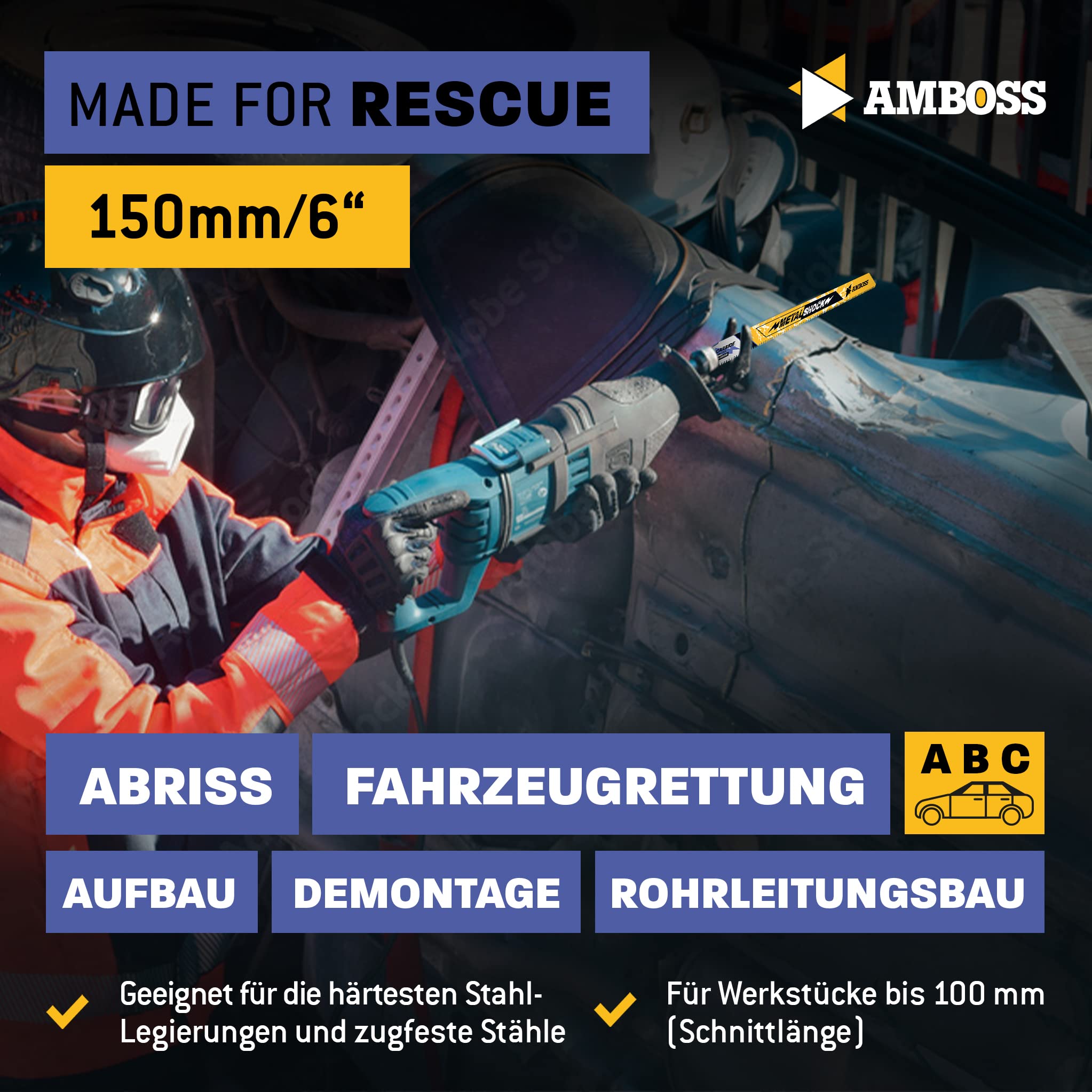 AMBOSS METAL SHOCK - 10x Säbelsägeblatt Länge 150 mm / 8 ZpZ - ideal für Abriss/Fahrzeugrettung/Aufbau/Demontage/Rohrleitungsbau - geeignet für Stahl (Rohre/Profile/Träger) sowie Gussrohre