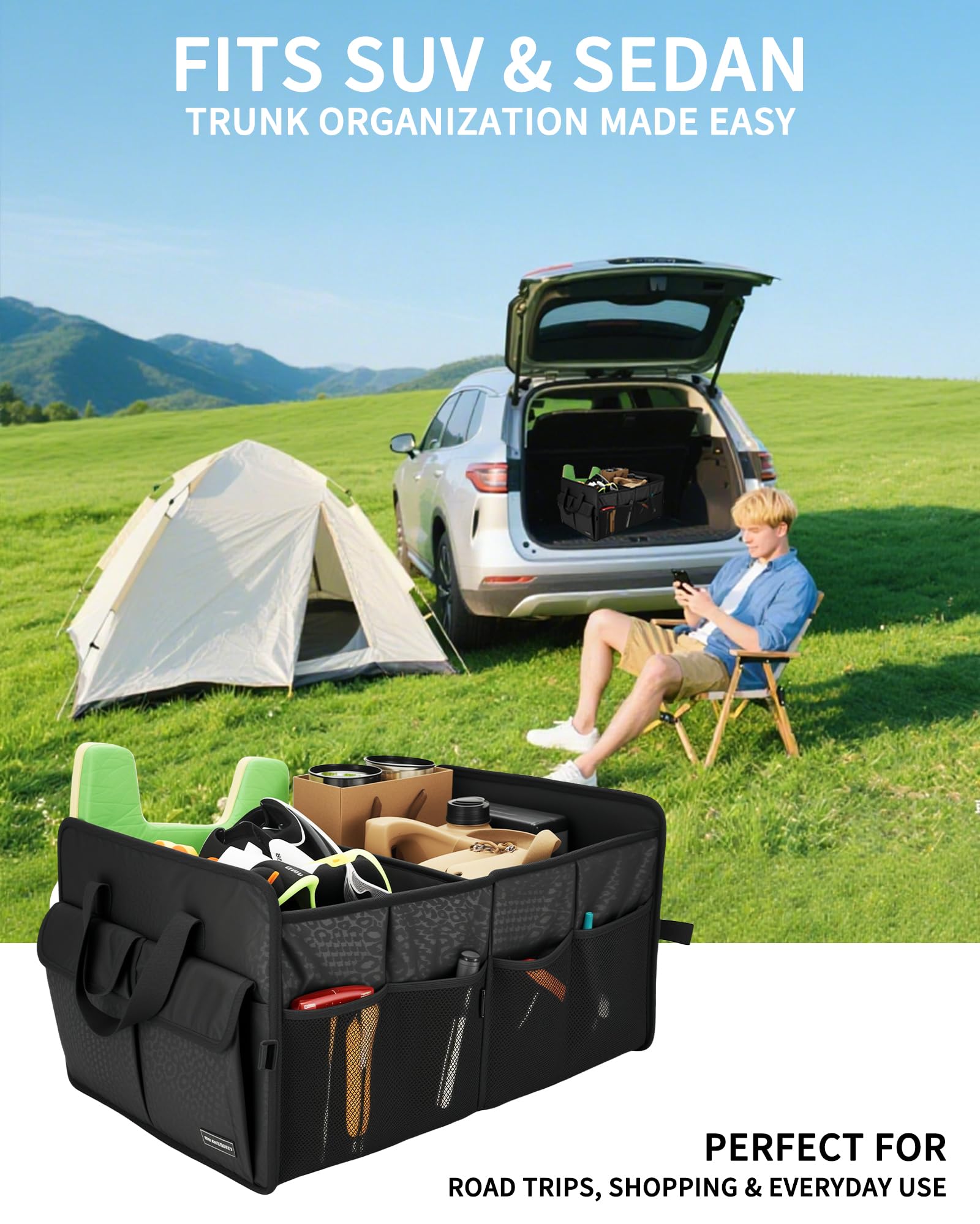 Sturdy Car Trunk Organizer – Large Capacity Trunk Organizer for SUVs & Sedans, Hard-Shell One-Piece Design with Cute Print, Collapsible and Durable Car Organizers (Black Leopard 70L)