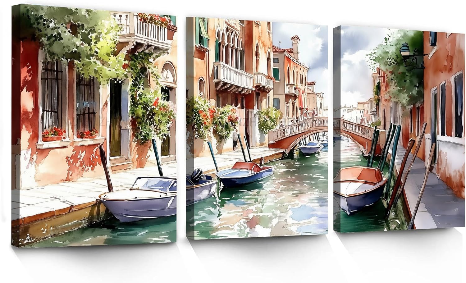 LANZHENZHENART 3Pcs Watercolor Santorini Greece Wall Art Santorini Travel Canvas Painting Prints For Home Dining Room Living Room Wall Decor Poster Artwork(12" x 18" x 3 Panels Framed)