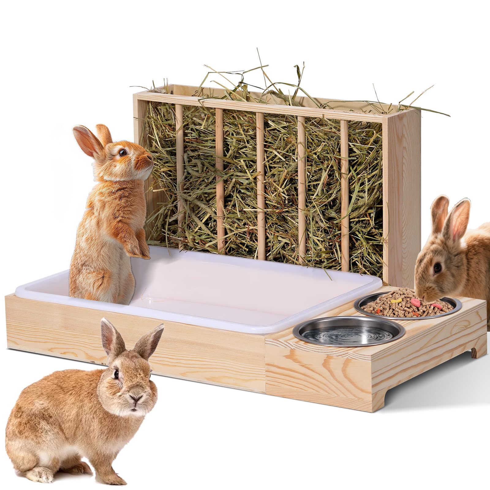 Râtelier à foin 3 en 1 pour lapin, râtelier à foin en bois avec deux bols, distributeur de nourriture pour lapins et cochons d'Inde, chinchillas et autres petits animaux