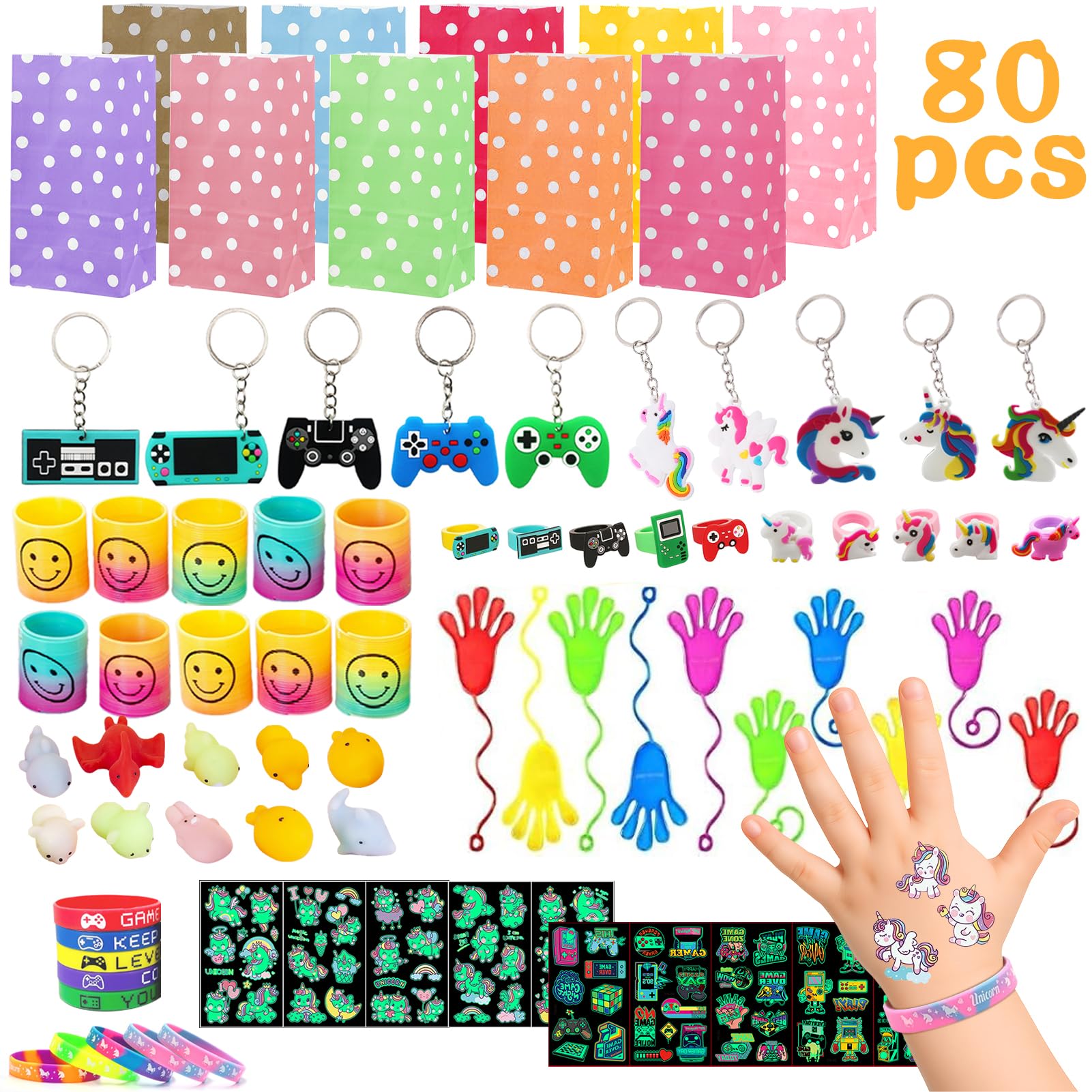 XIA7VE 80 Stück Mitgebsel Kinder Kindergeburtstag Spielzeugset,Partyspielzeuge,Einhorn Tattoo Aufkleber,Goodie Bags Fillers für Kindergeburtstag Gastgeschenke,Schülerbelohnung Preise für Klassenräume